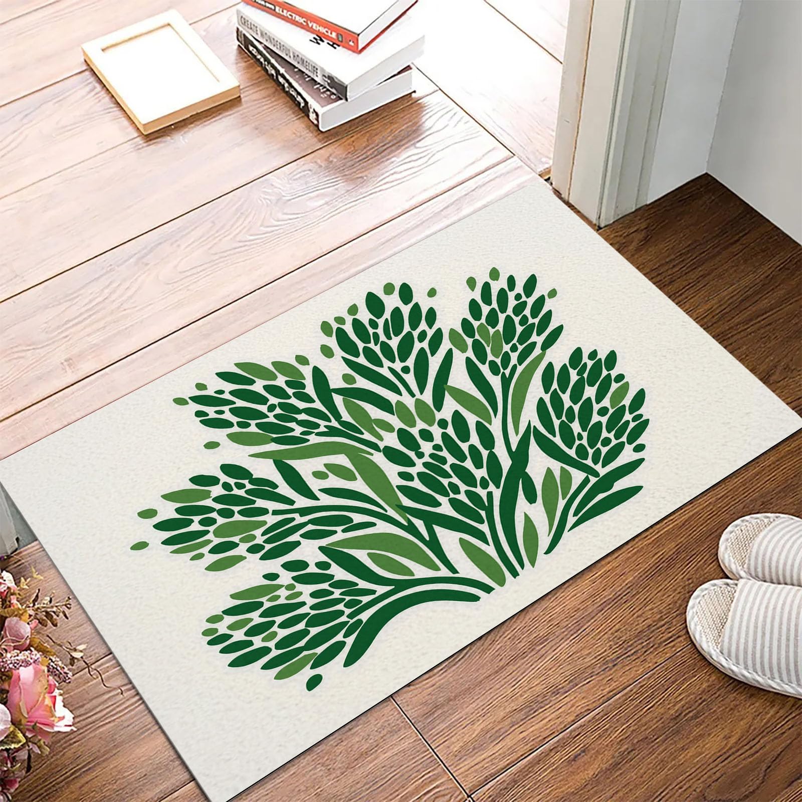 Tapis Entree Interieur Bohème Abstrait 80x120cm Lavable en Machine, paillasson AntidéRapant Poil Ras, Plante Feuille pour Chambre Salle a Manger Cuisine, Vert
