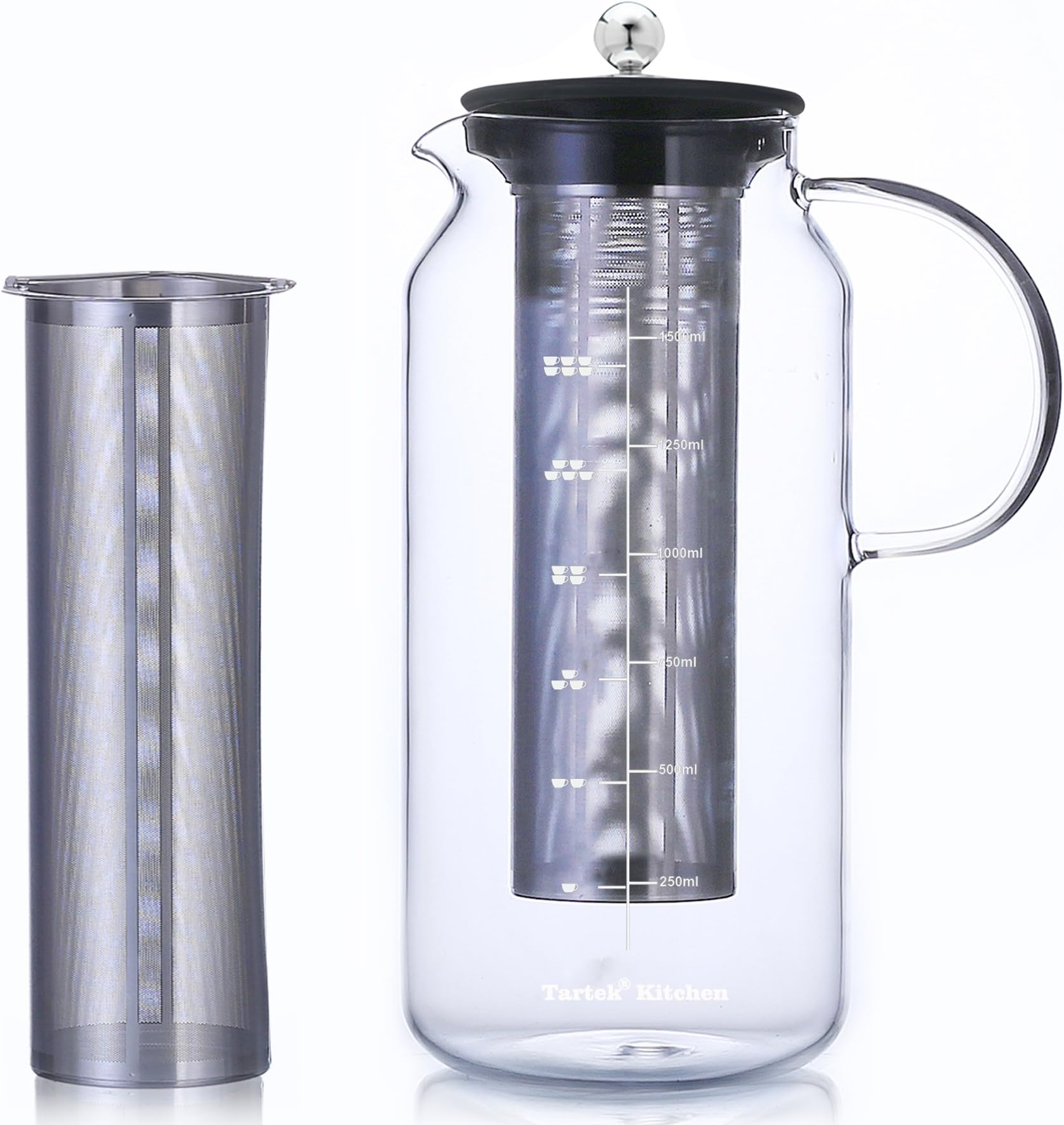 Large Glass Teapot with Infuser & Cold Brew Iced Coffee Maker -50oz/1.5L - Glass Pitcher with Removable Stainless Steel Filter - Stovetop & Freezer Safe - Coffee & Tea Brew Recipe Includ