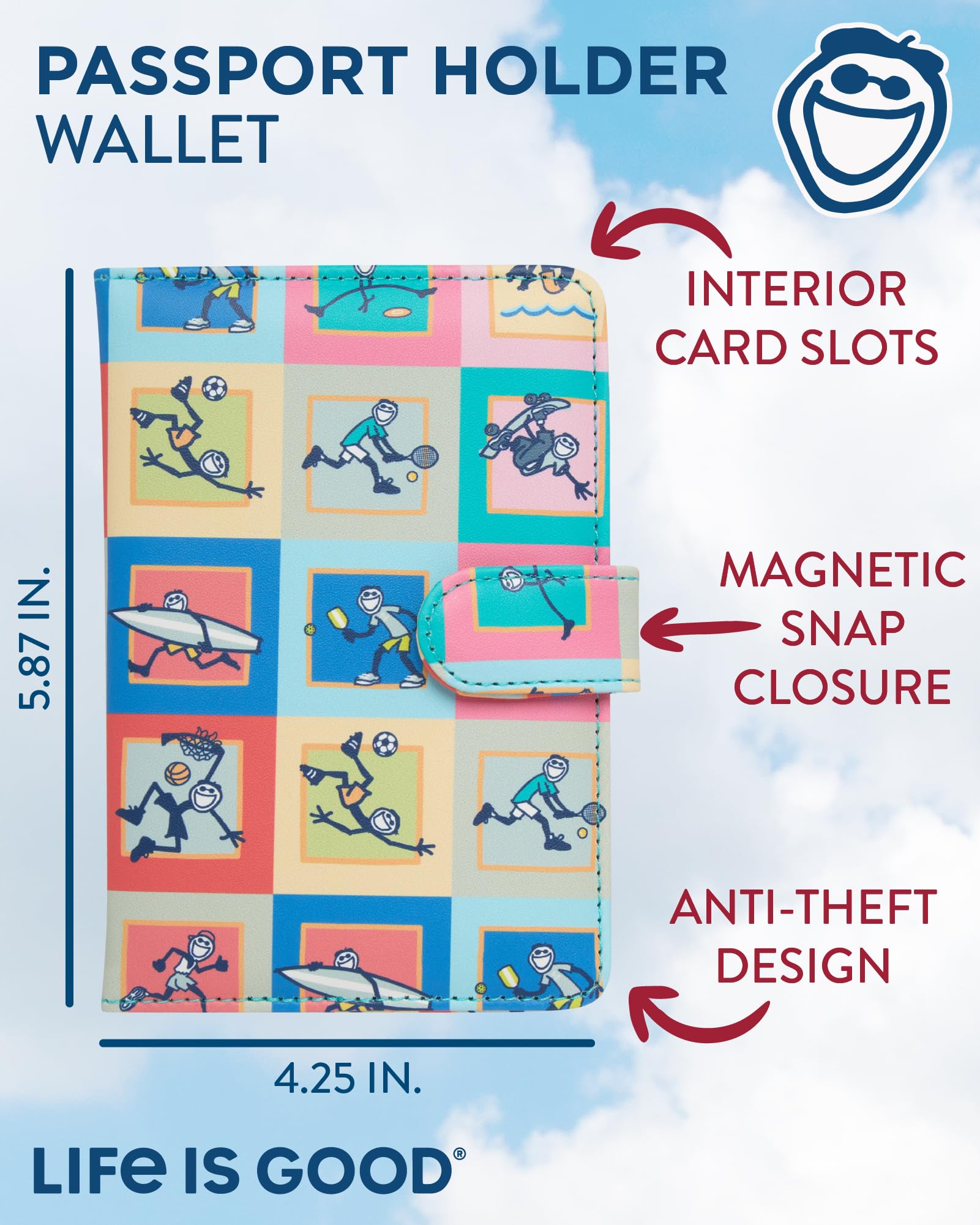 Life is Good Funda para pasaporte de viaje, billetera antirrobo con ranuras interiores para tarjetas con cierre magnético, Practicar deportes, One Size, Funda para pasaporte