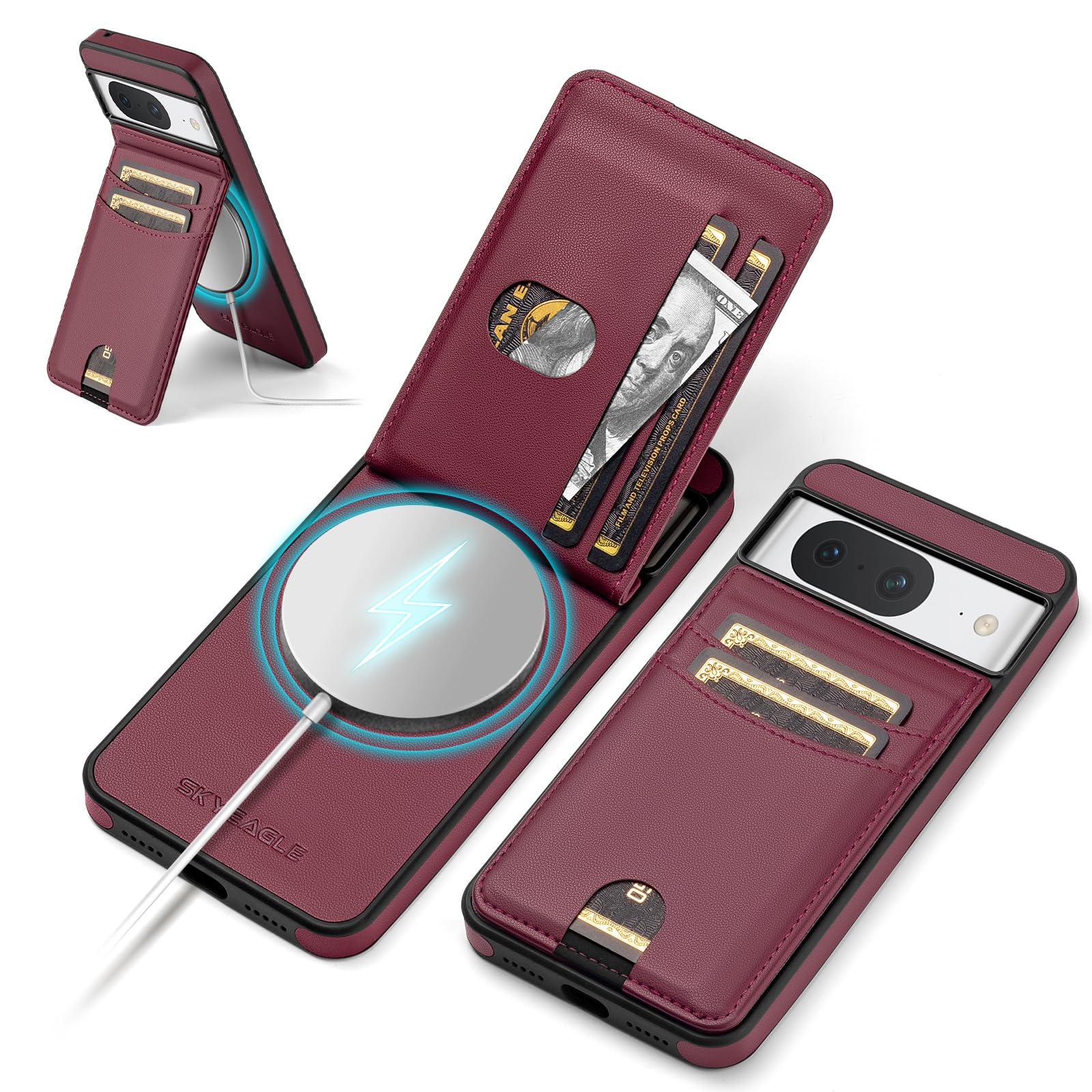 SkyEagle Compatible with Magsafe for Google Pixel 8 Wallet Case with Card Holder Kickstand RFID Blocking Flip Cover Credit Card Slots PU Leather Men