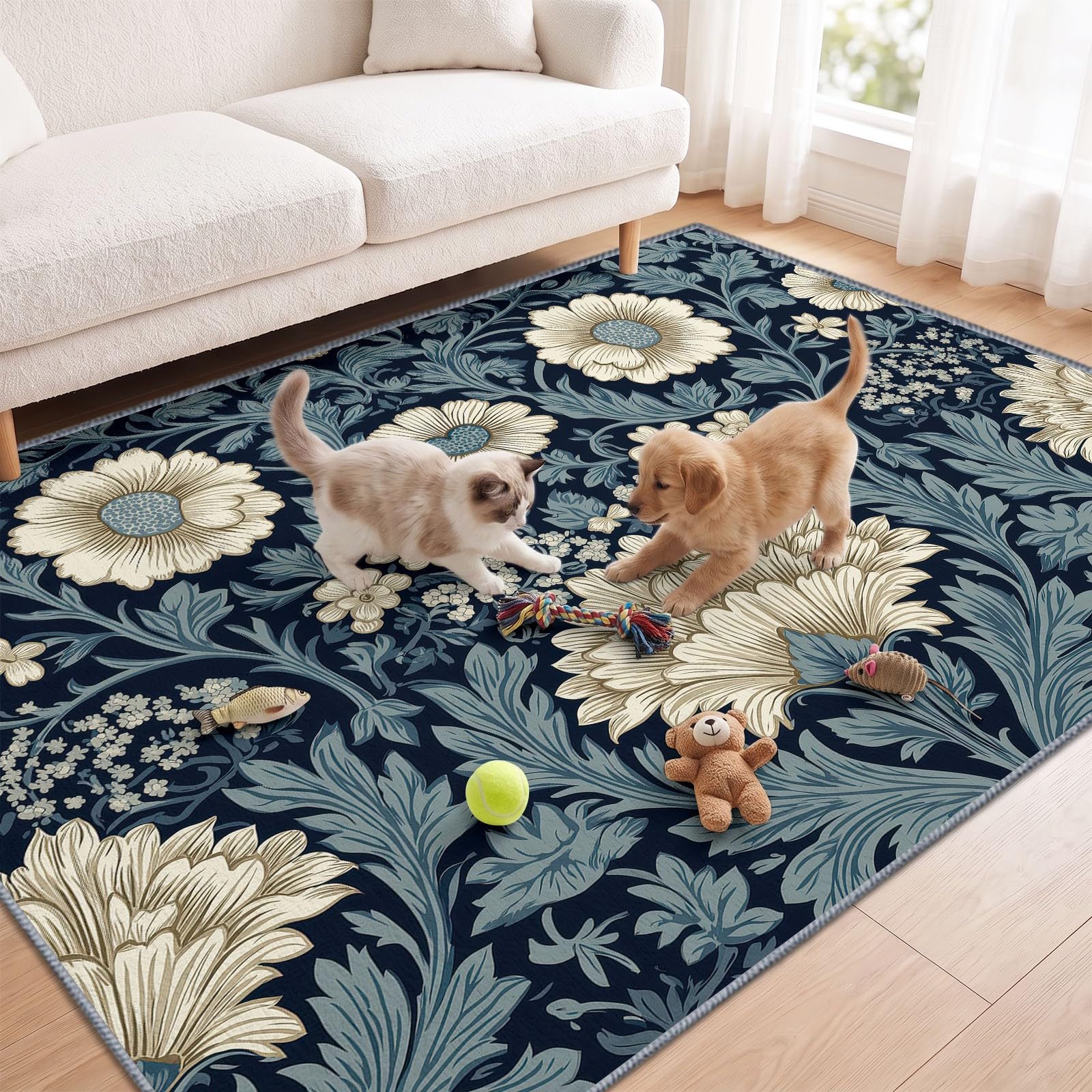 Générique Marguerite Feuille Tapis Salon 200x300 cm, Lavable en Machine | Interieur Poil Ra Antidérapant Tapis, Rustique Imprimé Bohème pour Chambre Manger Bureau Cuisine