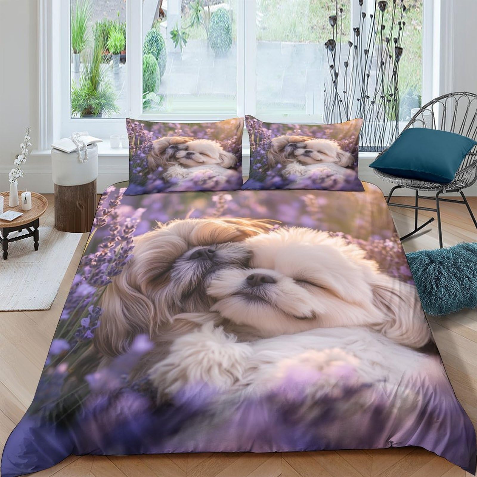 Ctjqhvkz Style-5 3D Printed Puppy Lovers Fitted Sheet Microfiber Soft Breathable Lavender Flowers Mattress Cover For Bedroom Decor Single（135X200cm）