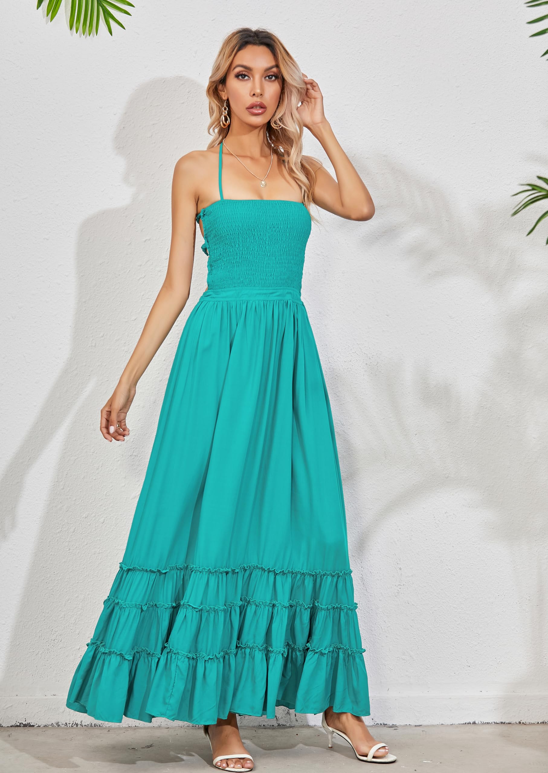 R.Vivimos Donna Estate Mezze Collo Senza Schiena Abito Boho Maxi Senza Maniche Abiti da Spiaggia Ruffle Senza Maniche