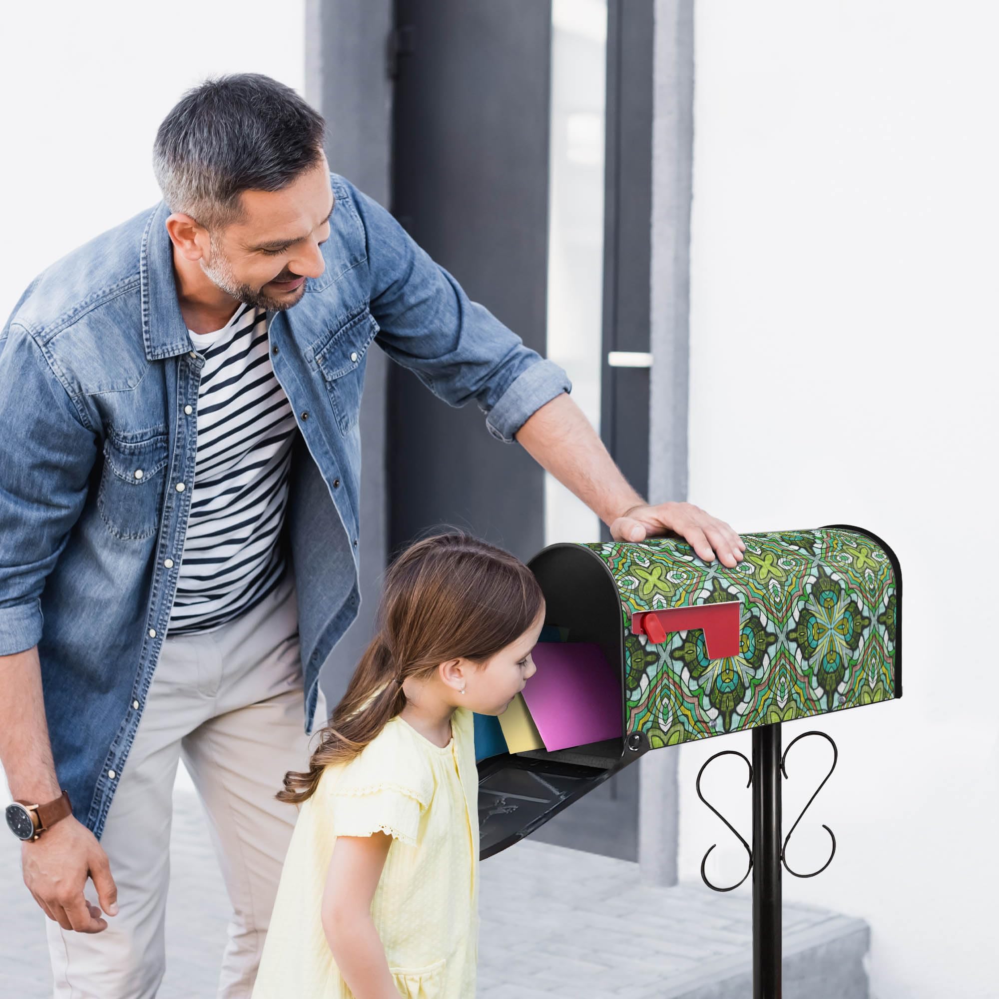 banjado Amerikanischer Briefkasten - US Mailbox/Letterbox mit Motiv Motiv Grünes Muster 51x22x17cm - Postkasten Stahl aus Amerika – Briefkasten amerikanisch schwarz pulverbeschichtet