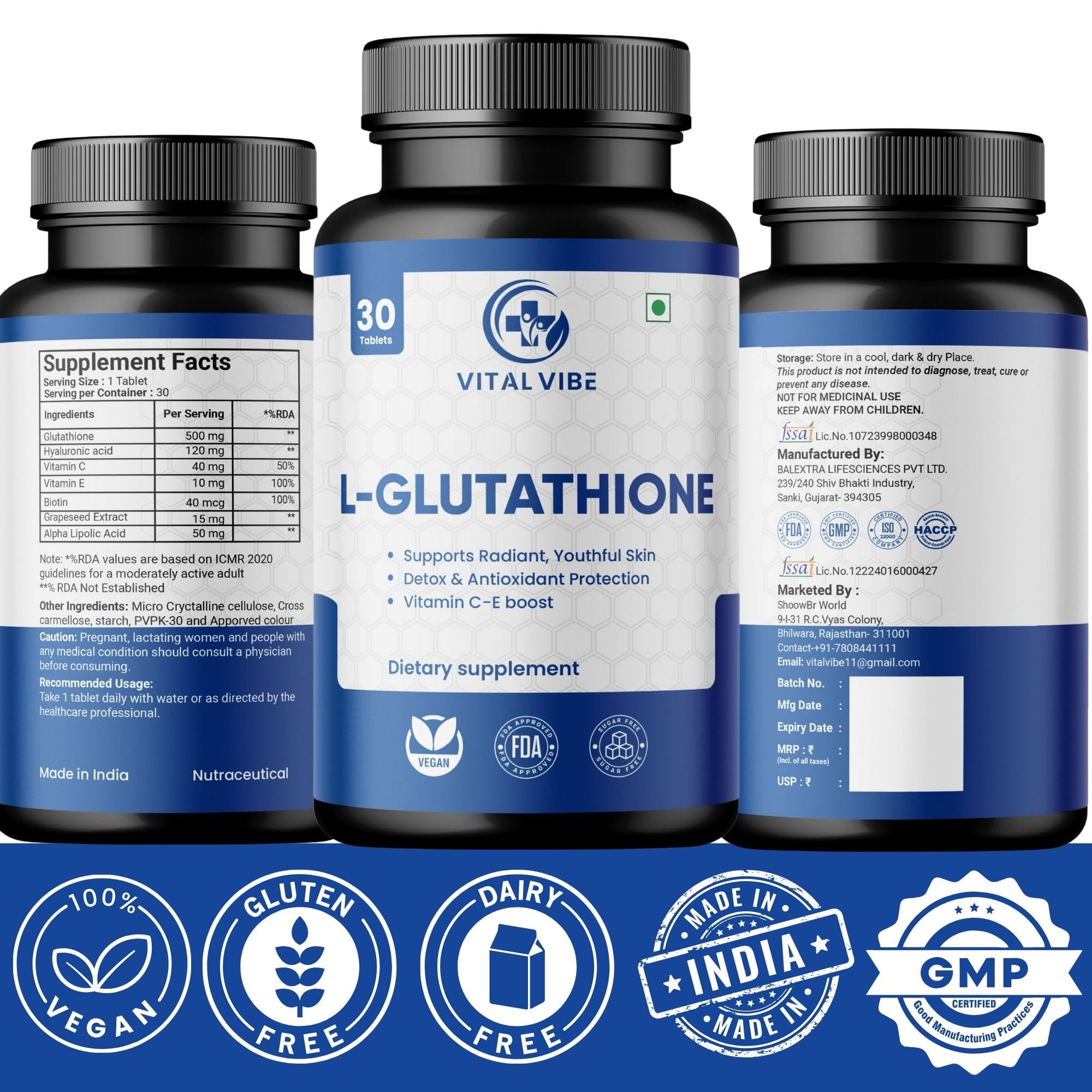 Vital Vibe Glutathione Tablets (30 Tablets) & Vitamin B12 (60 Tablets)  Methylcobalamin 1500 MCG