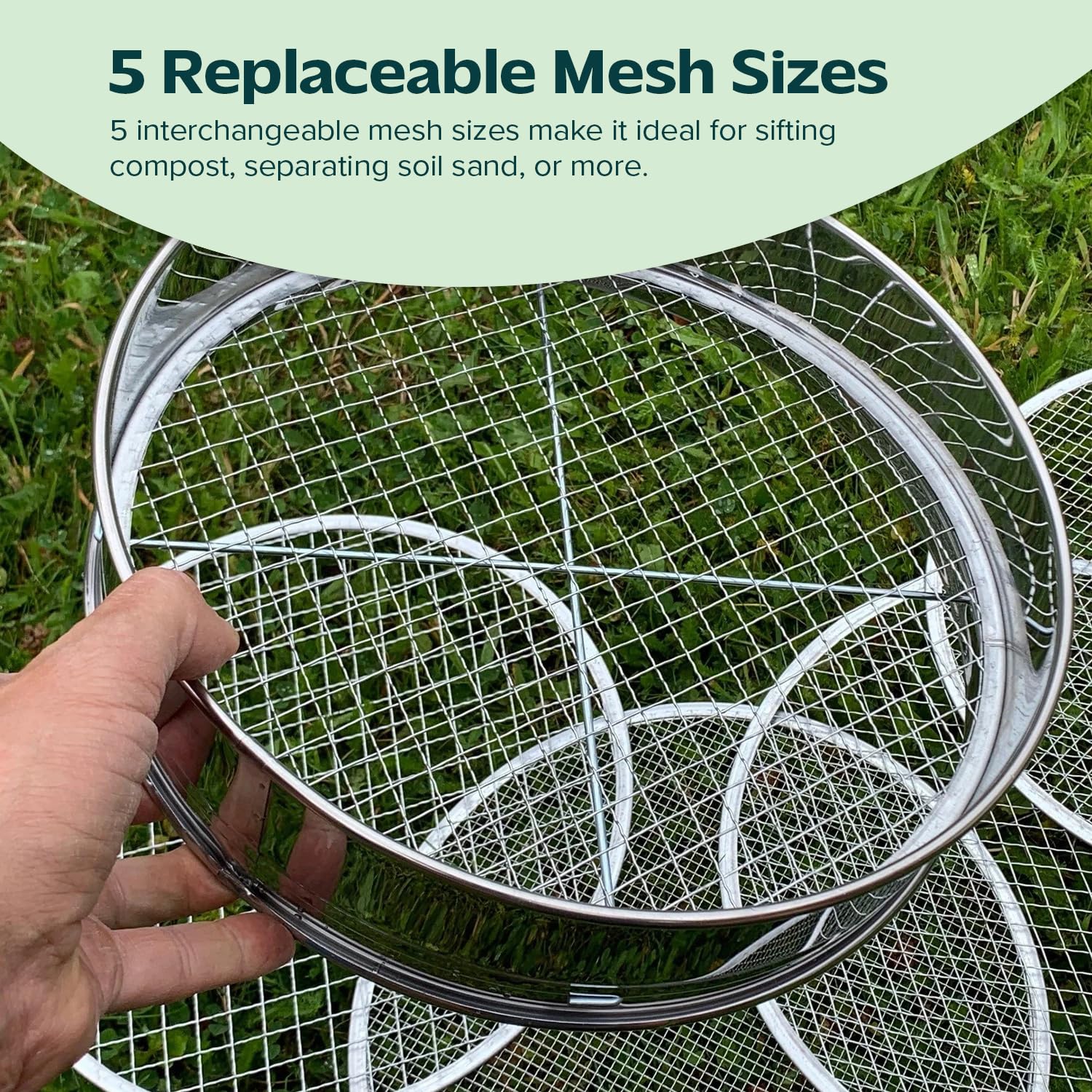 Flatro Tamis de jardin pour terre et pierre | Cadre en acier inoxydable avec 5 inserts interchangeables en maille fine (3 mm, 5 mm, 8 mm, 10 mm, 12 mm) | Tamis de compost de jardin en métal