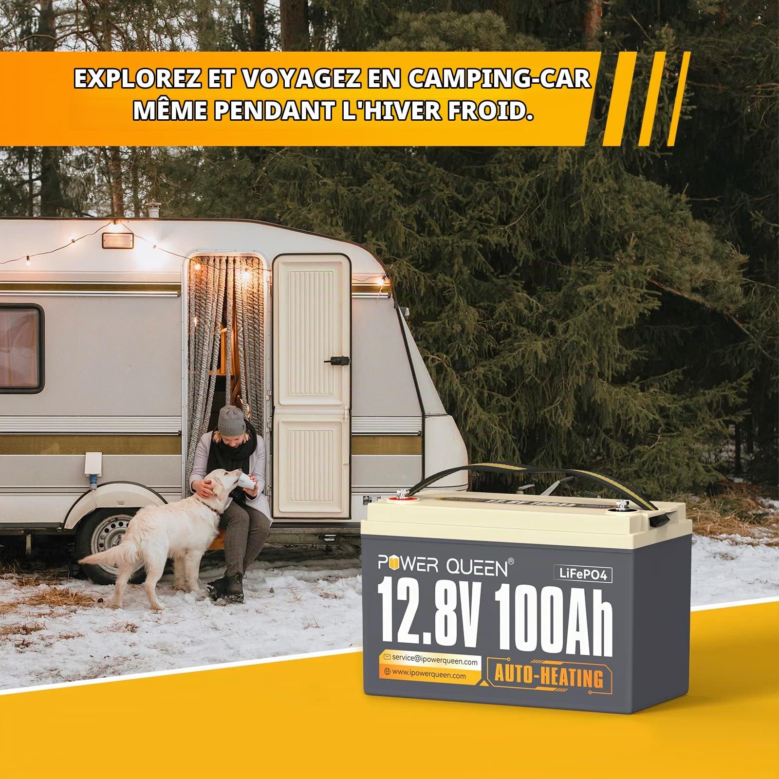 Power Queen 12V 100Ah Auto-Heating LiFePO4 Batterie, avec 100A BMS, Support Low Temp. 4°F/-20°C, batterie au lithium-fer avec 4000+ cycles, parfaite pour les camping-cars et les systèmes hors réseau.…