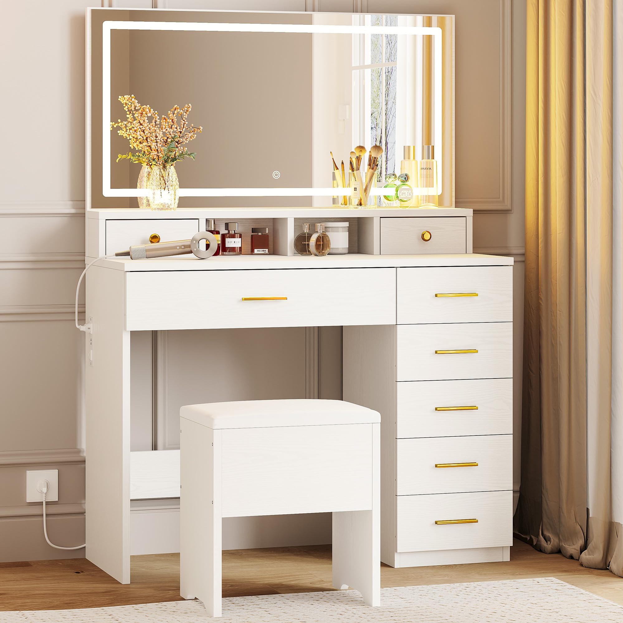 IRONCK Vanity Makeup Desk with 8 Drawers and Large Mirror, Dressing Table with Light and Storage Stool for Bedroom, Dressing Room, Studio, 39.3" W