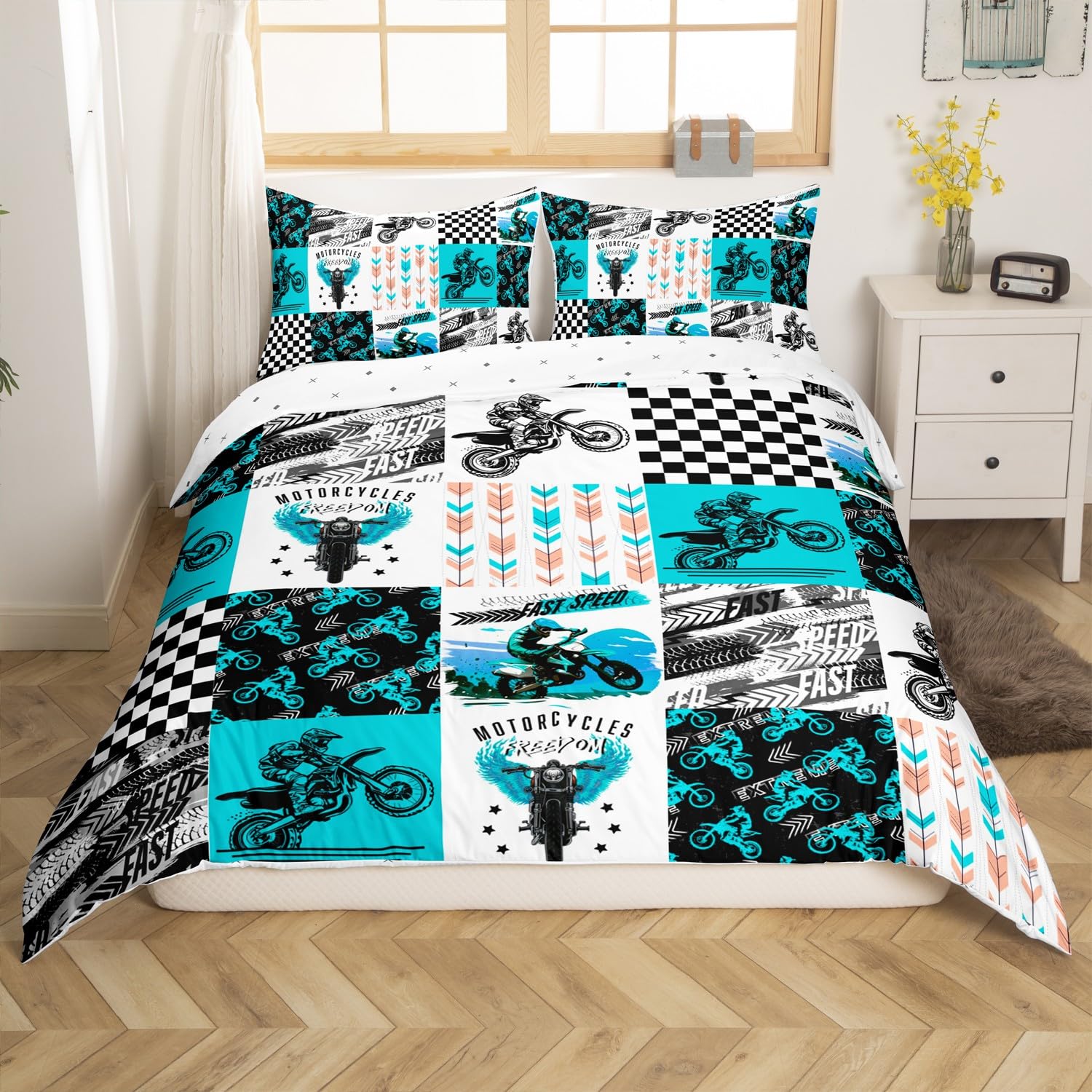 Loussiesd Bambini Dirt Bike Copripiumino 220 x 240 cm, Sport estremi Biancheria da letto Ragazzi Ragazze Corsa Motocross Rider Parure da letto Moto Adolescenti Biancheria da letto Set Decorazione per