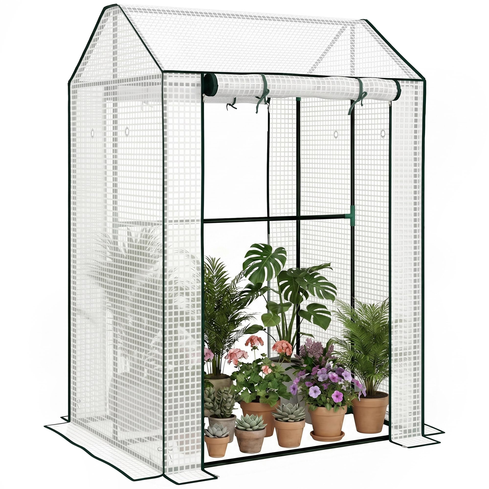 Outsunny Serra da Giardino con Copertura in PE, Serra a Casetta a 2 Zone con Porte Avvolgibili e Prese d'Aria per Orto e Balcone, 100x80x150cm