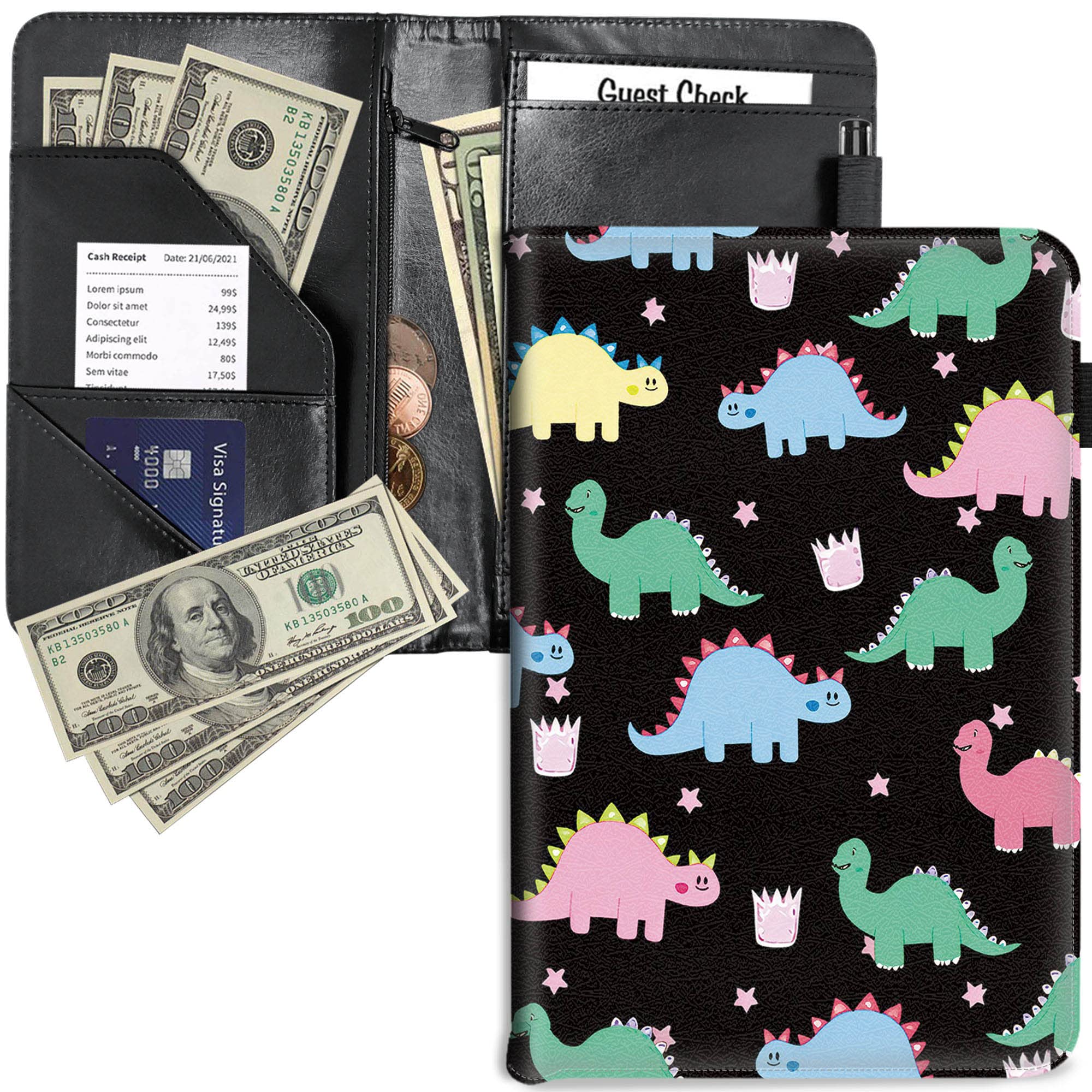 RYUITHDJP Server Book, Waitress Books with Zipper Pocket Dinosaur Design Serving Book Organizer Restaurant Guest Check Presenter Fit for Serving