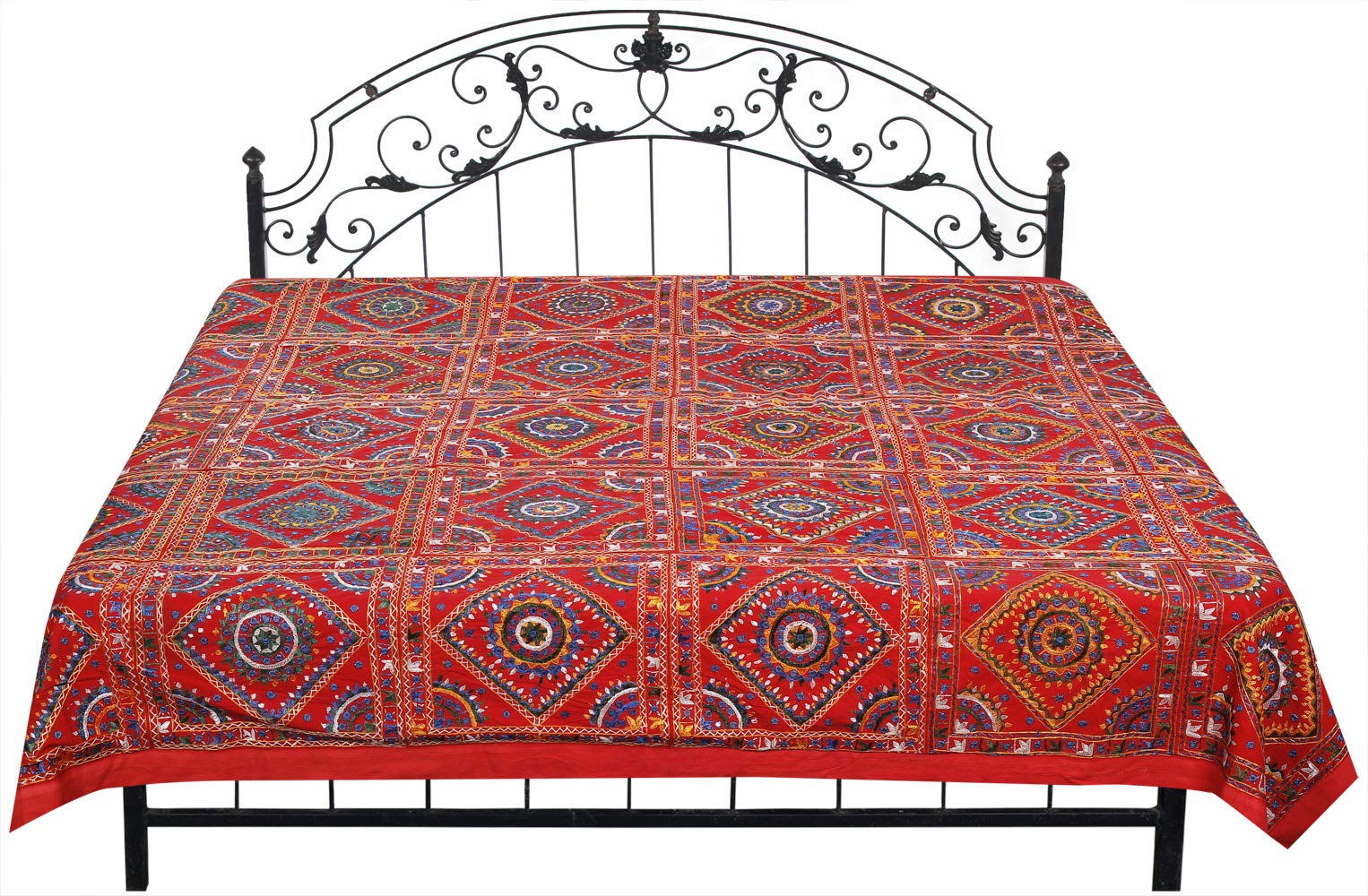 Exotic India Bedcover from Jaipur with Embroidered Motifs and Mirrors - Pure Cotton - Color Mars Red Color