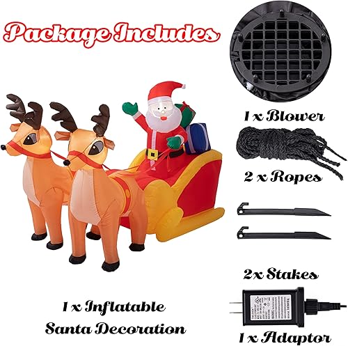 Miniatura 3 de Sunnyglade - Adorno inflable navideño de Papá Noel de LED de 4.5 x 7 pies para exteriores - Renos que tiran del trineo, adorno navideño de Papá Noel
