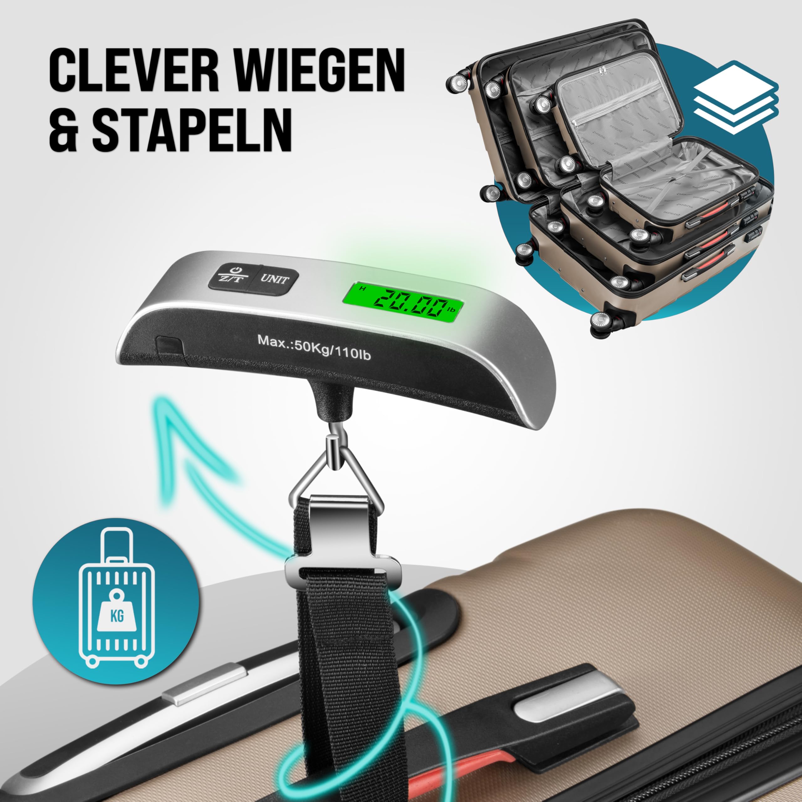 Monzana® 3tlg Kofferset TSA Schloss Organizer Kofferwaage Gel-Griffe Zwillingsrollen Standfüße Trolley Reisekoffer Hartschale Koffer M-L-XL Champagner