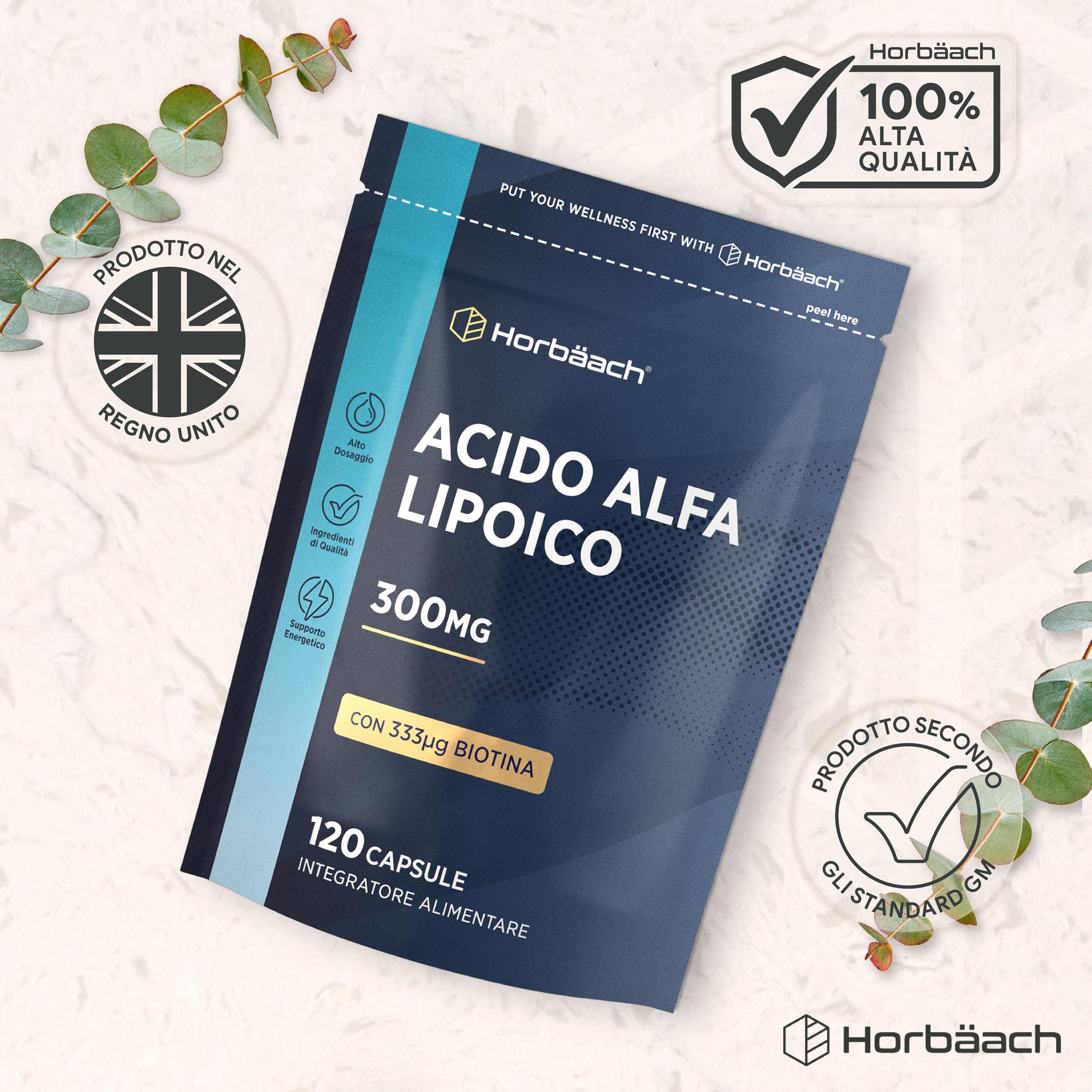 Acido Alfa Lipoico con 300ug Biotina per Capelli | 4 Mesi di Fornitura - 120 Capsule | Alto Dosaggio | Integratore Alimentare | Alpha Lipoic Acid | Horbaach