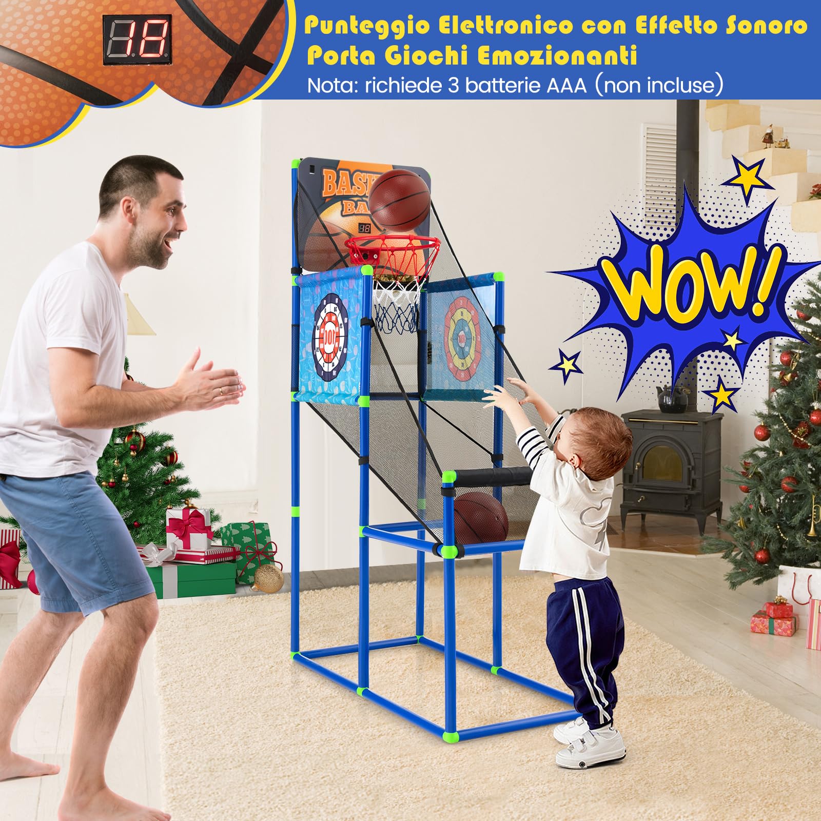 COSTWAY Macchina da Pallacanestro per Bambini, Set Giochi 2-in-1 da Interno ed Esterno per Basket e Palline Attaccanti con Segnapunti Elettronico ed Effetti Sonori, Regalo per Bambini e Bambine 3+