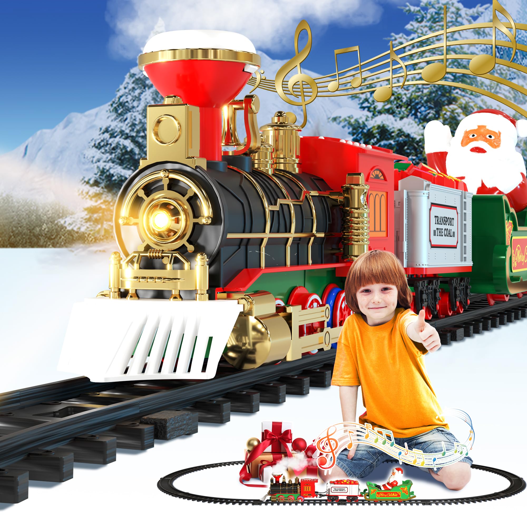 Train Set for Under Christmas Tree, Electric Train Toys with Steam Smoke & Light & Sound (On/Off) & Tracks, Birthday Gifts for 3 4 5 6 7 8+ Years Old Boys Kids, Trains for Toddlers 3-5