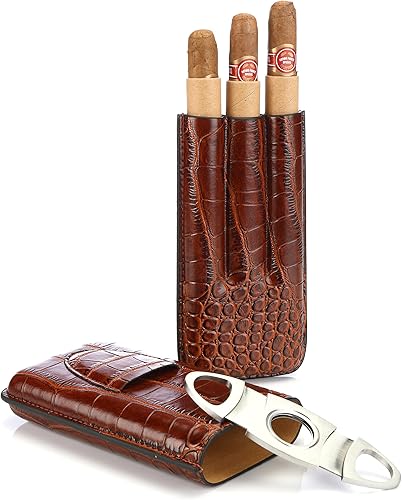 Miniatura 5 de Estuche de cuero marrón con cortador para 3 puros, tamaño perfecto para hombres, bolsillos para camisas, carrito de golf o viajes, es un gran regalo