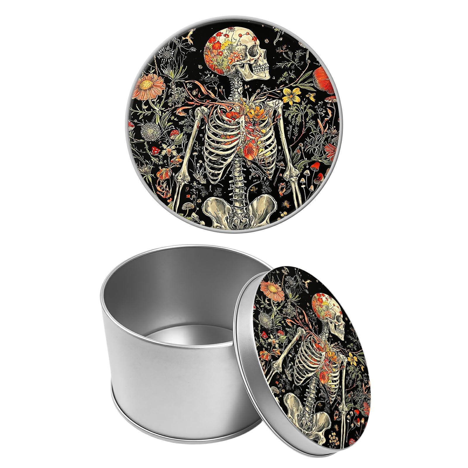 Round Metal Tin Container with Removable Lid, Skeleton in Bloom Durable Metal Storage Box for Cookies Spices Tea Candies Cakes Jewelry Cosmetics 3.54 x 2.36 inch– Single Pack