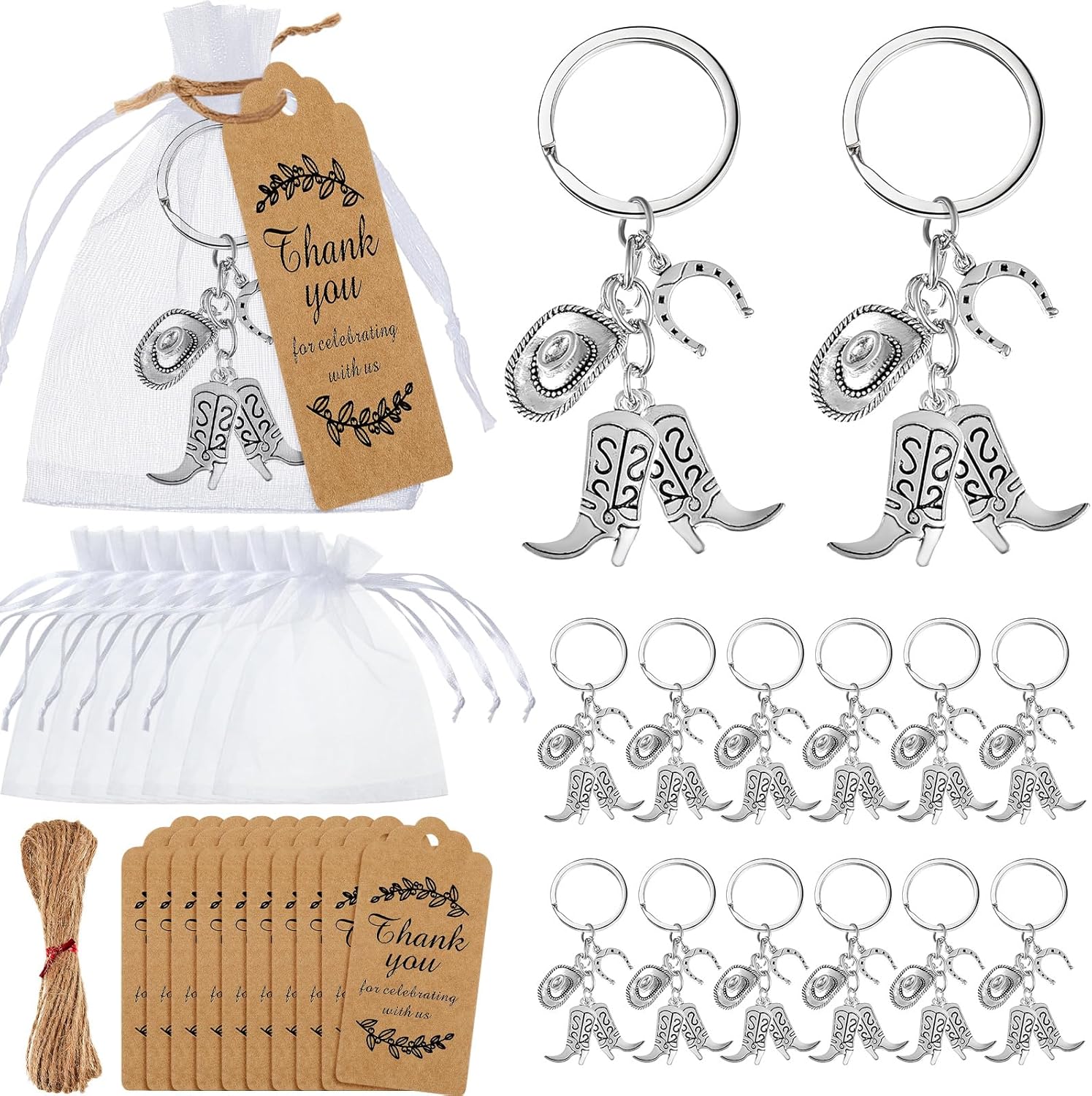 100 Set Cowboy Western Party Favors Cowboy Keychain Hat Boot Horse Shoe Keyring with Organza Bags Thank You Tags and Rope for Guests Western Party Favor Supplies (Classic Style)