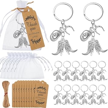 Huquary 50 Set Cowboy Western Party Favors Cowboy Western Keychain Hat Boot Horse Shoe Keyring with Organza Bags Thank You Tags and Rope for Guests Party Favor Supplies Classic Style