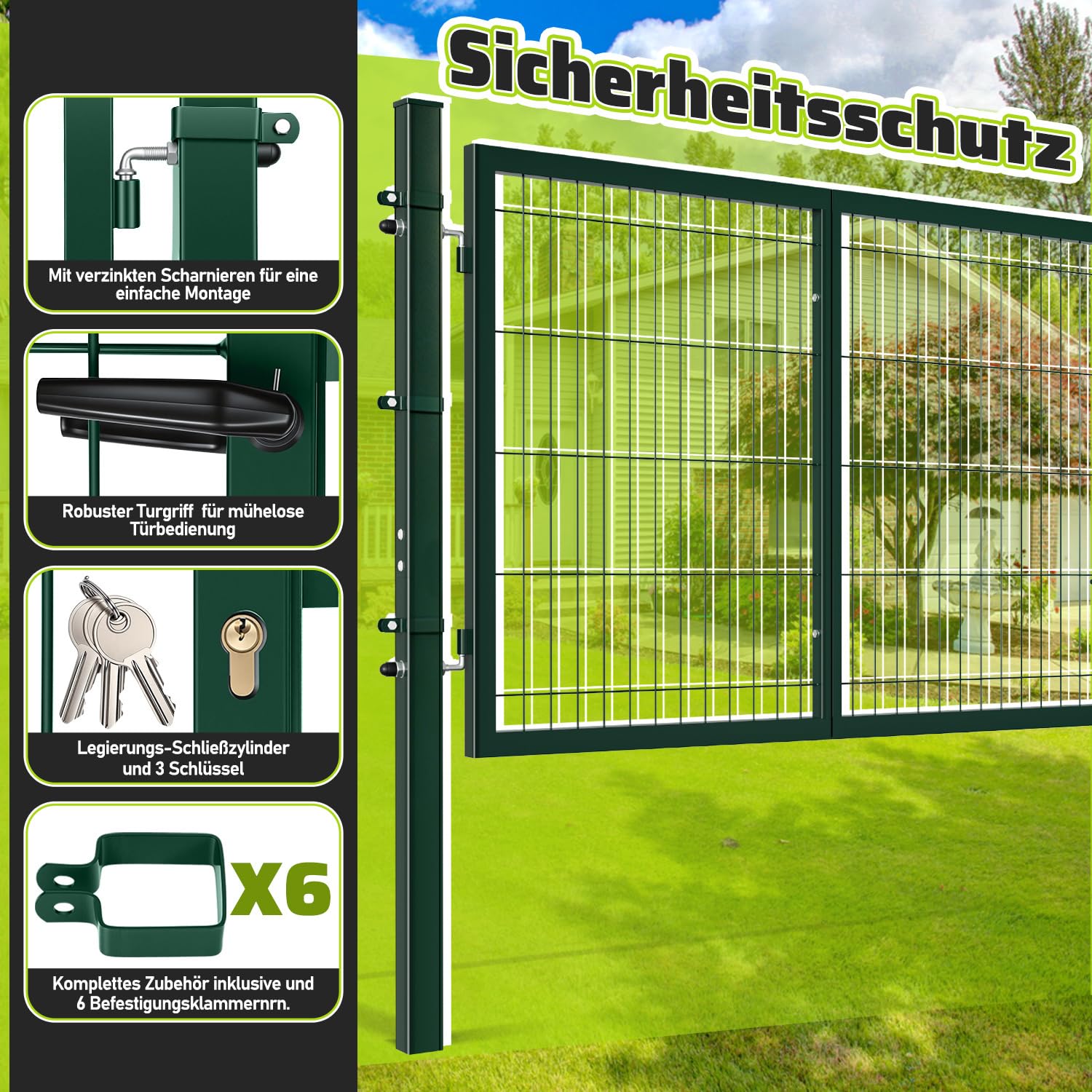 300x100 cm Cancello da giardino in metallo zincato, porta da giardino a doppia anta in acciaio, con maniglia, serratura e 3 chiavi, robusto cancello da cortile, verde