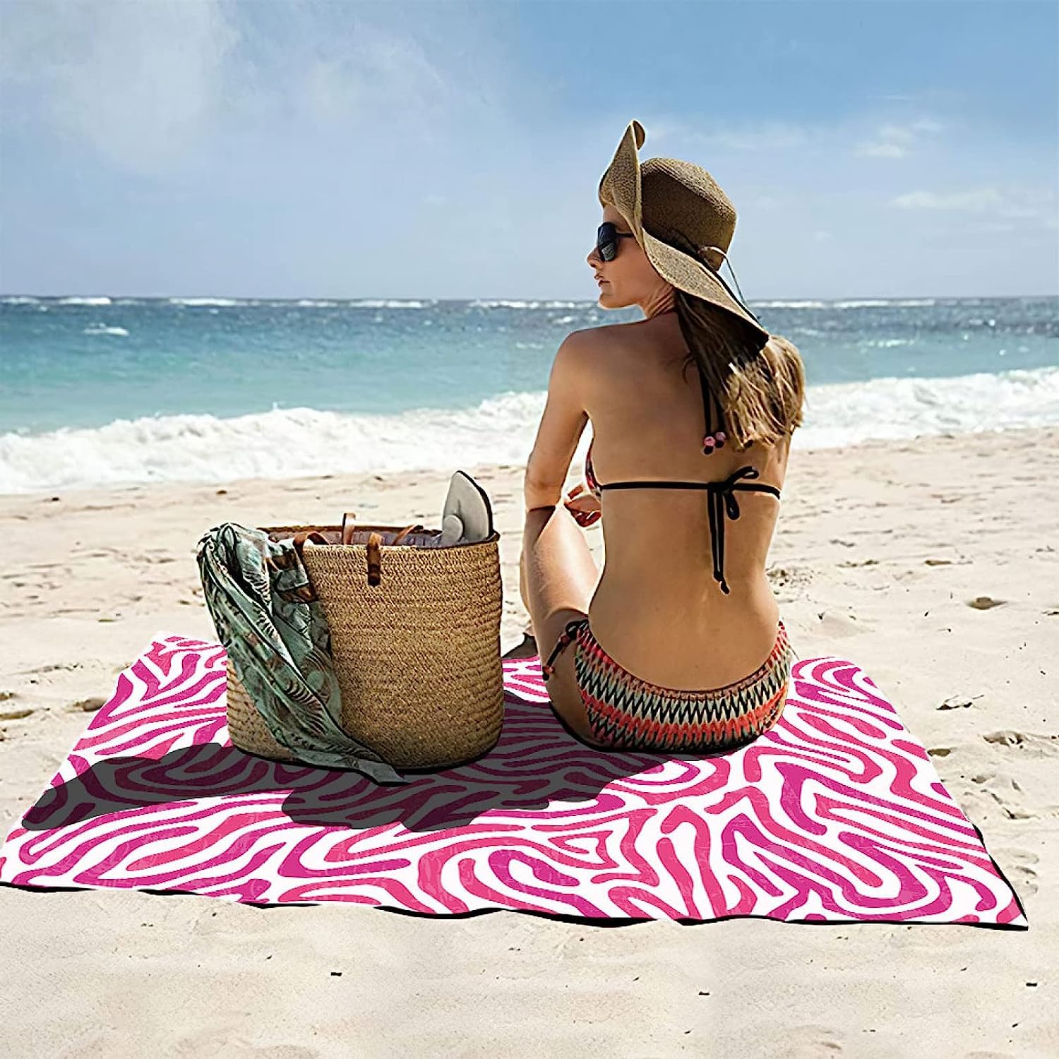 Serviette de Plage 200x200 Femme Homme Enfant, Drap de Plage XXL Serviette Plage Anti Sable à Séchage Rapide Grande Serviette Plage Rayures Roses, pour Bain, Piscine, Camping Fille A41