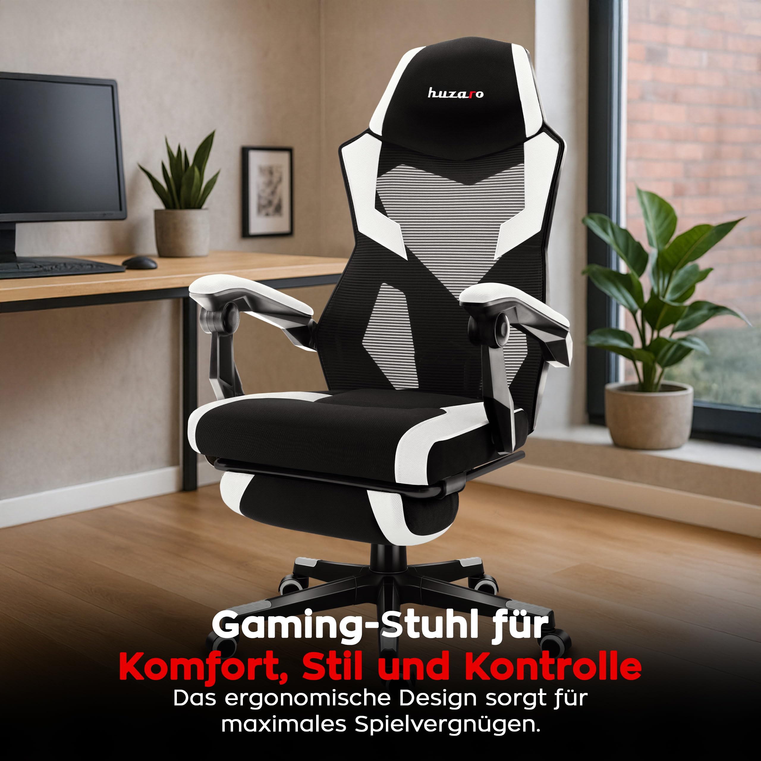huzaro Combat 3.1 krzesło biurowe dla graczy, ergonomiczne krzesło z podnóżkiem, regulowane oparcie 135°, oddychająca siatka, obciążenie do 150 kg, ciche kółka, kolor biały