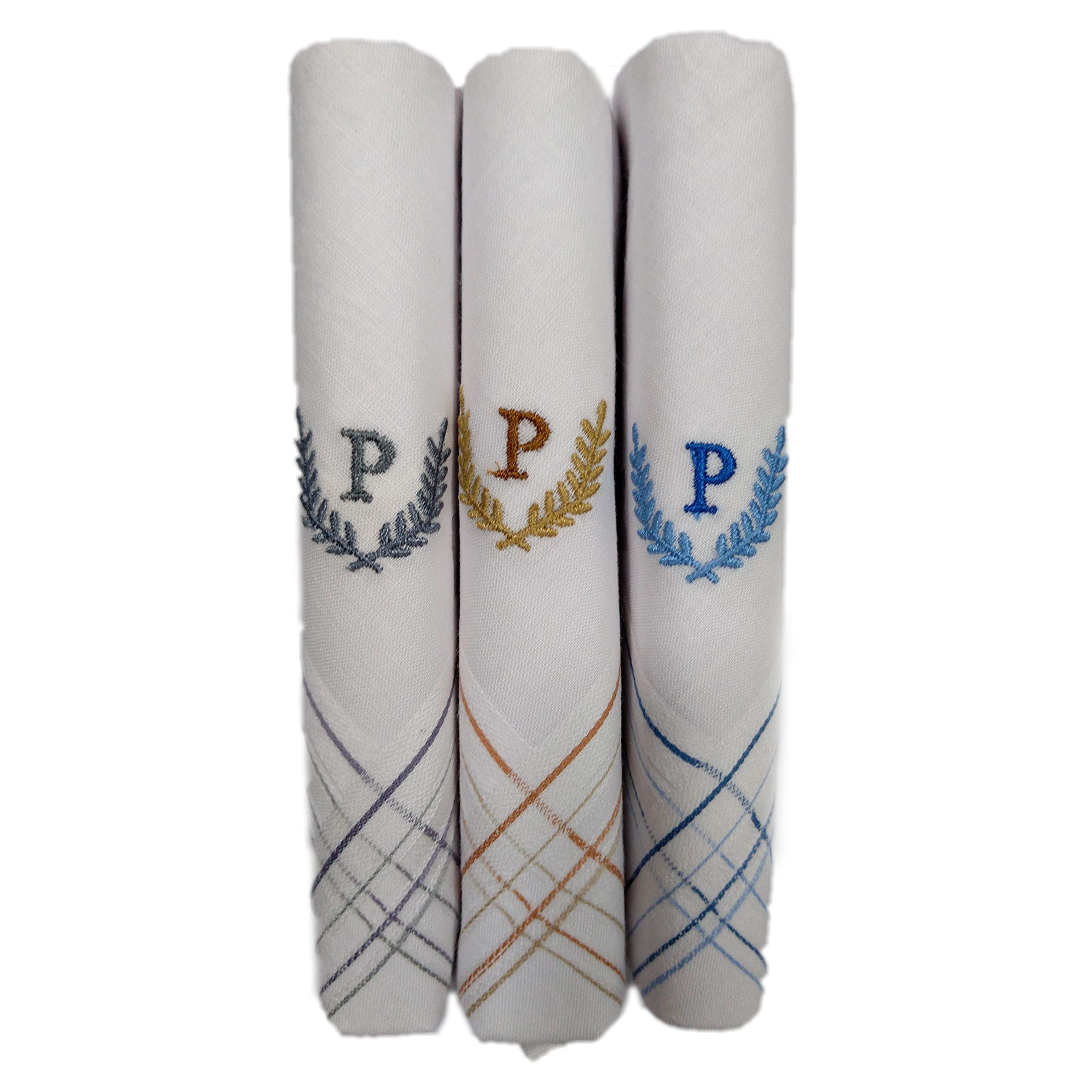 the white square Men's Large Handkerchief in White with Initials (P) Pack of 3-picture-49