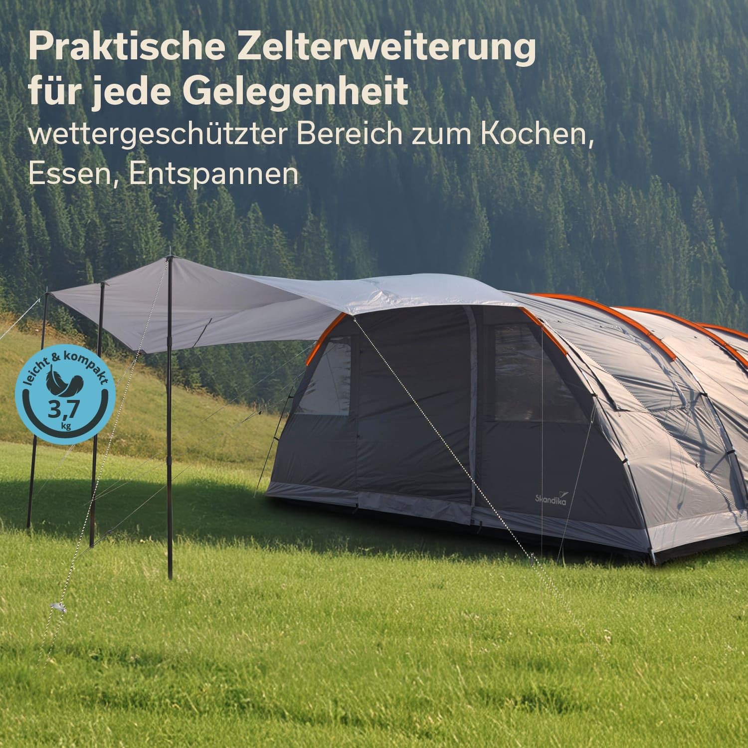 Skandika Sonnensegel Spirit 390 x 400 cm | Wetterschutz mit Teleskopstangen, wasserdicht 3000 mm Wassersäule, UPF 50+ | Sonnenschutz, Vordach für Zelt, Camping, Outdoor, Wandern, Garten (390 x 400 cm)