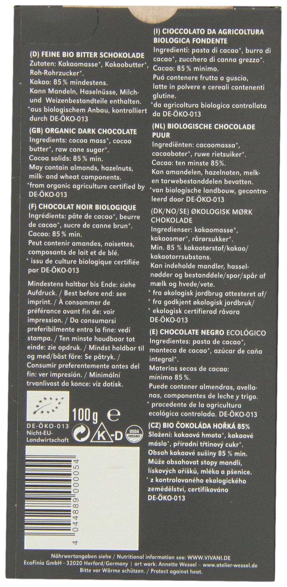Vivani Organic Dark Chocolate with 85% Coco 100 g (5 sztuk)