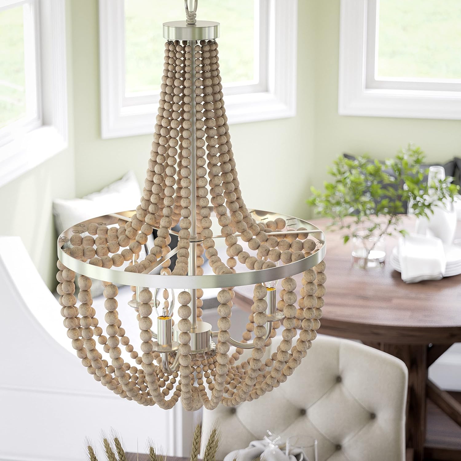 White Beaded 3-Light Wood Chandelier with Brushed Steel Frame