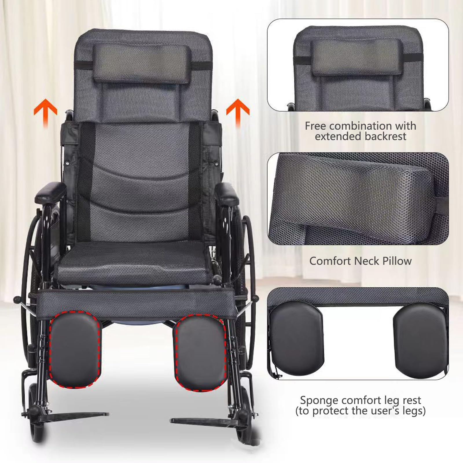 Silla de ruedas reclinable plegable, silla de movilidad portátil ligera con reposapiés y reposabrazos extraíbles, diseño bariátrico