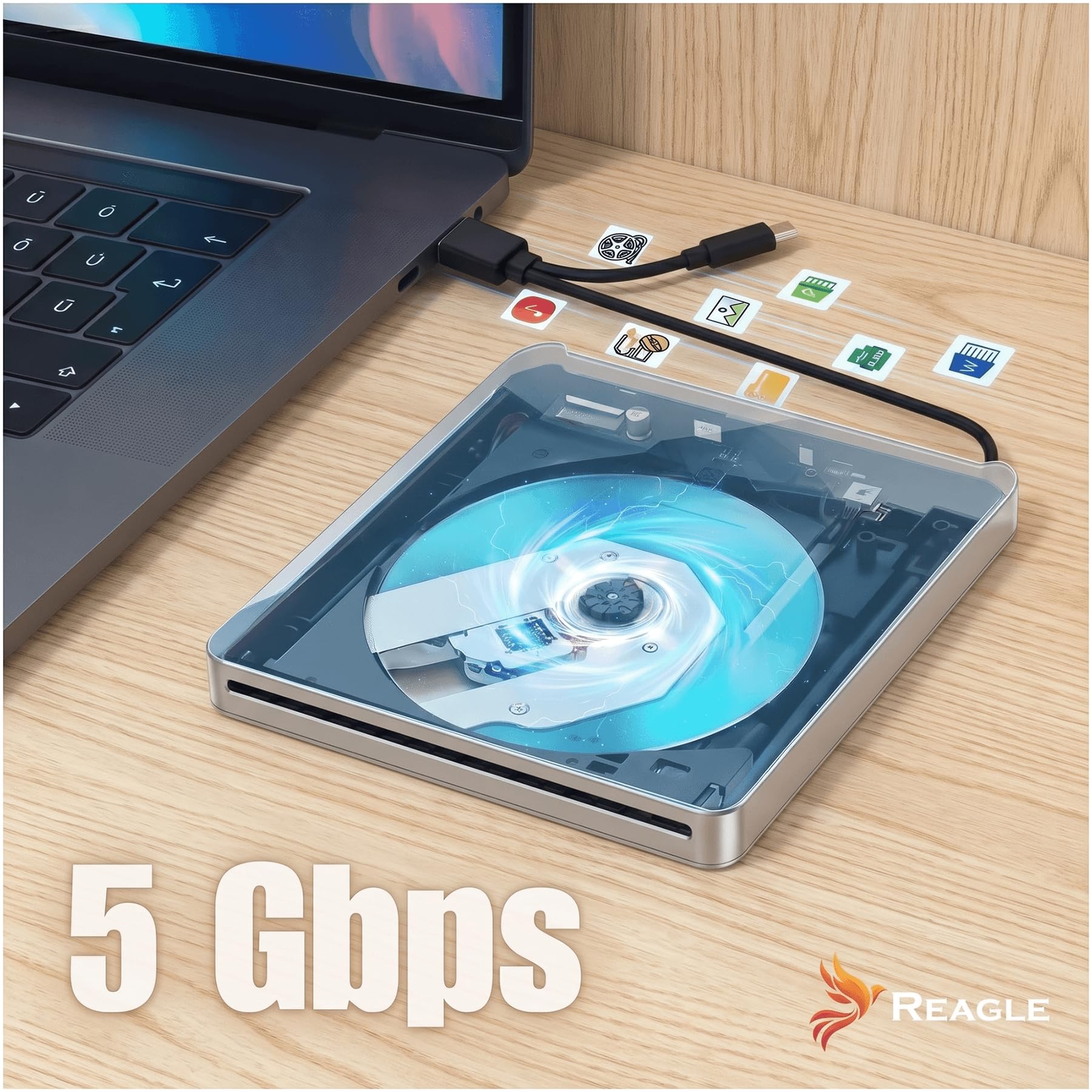 Reagle Lecteur Graveur CD DVD Externe Slot-in USB-C USB-A 2-en-1, USB 3.2 Gen 1 5 Gbit/s, CD 24x DVD 8X, Câble Intégré, Plug & Play pour PC Portable, Windows macOS Linux, Argent