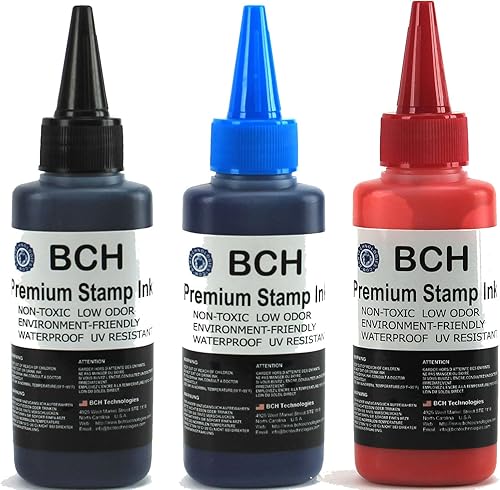 BCH - Recambio de tinta de sello negro, azul y rojo, grado premium, tinta de 2.5 onzas (2.5 fl oz) por botella (7.5 oz 7.6 fl oz en total)