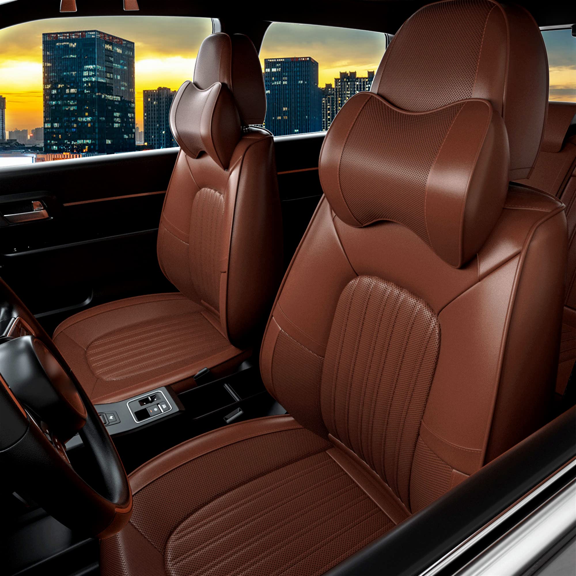 ( incomplete ) FEELON 5 Pieces ZC Front and Rear Car Seat Covers, Waterproof Nappa Leather Full Set Car Seat Protectors with Headrests, Universal Auto Interior Fit for Sedans SUV Pick-up Truck, Cocoa Brown