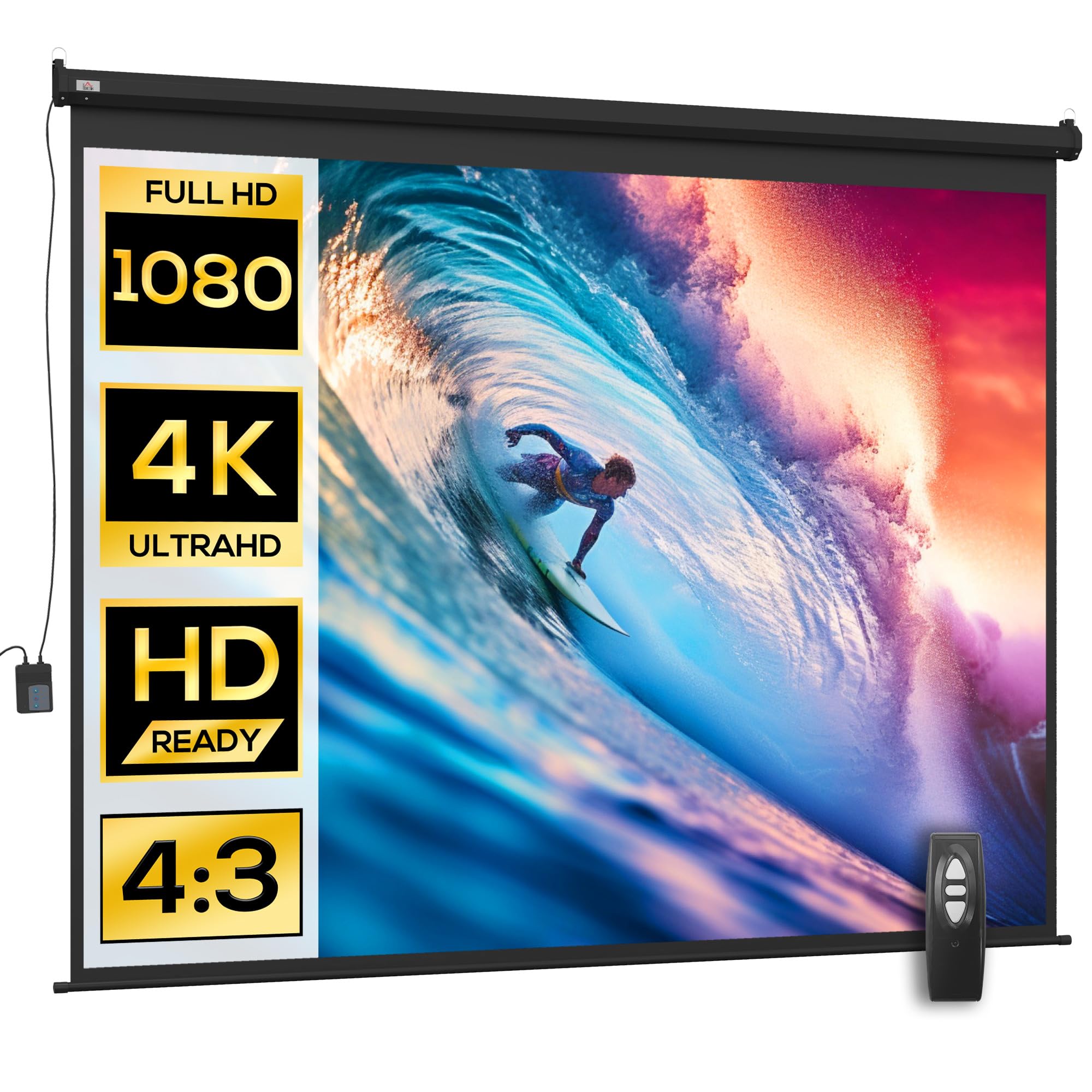 HOMCOM Projector Screen 120 Inches Format 4:3 Adjustable with Remote Control, Compact Projection Screen, 244 x 183 cm, Black