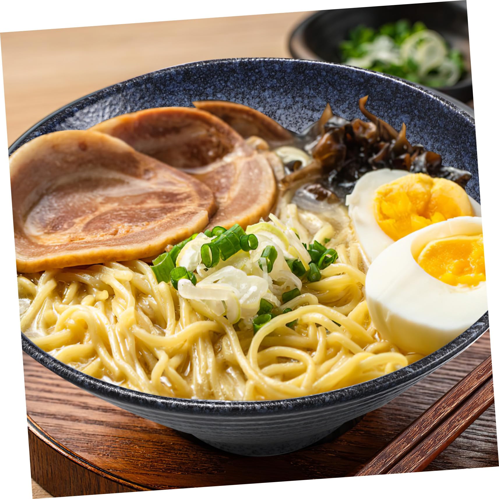 Baluue Bol de Ramen Japonerie 23 Cm en Céramique Bleue, Baguettes en Bois de Poulet, Cuillère en Bois Anti-fuite, Service 3 Pièces pour Repas Maison et Restaurant