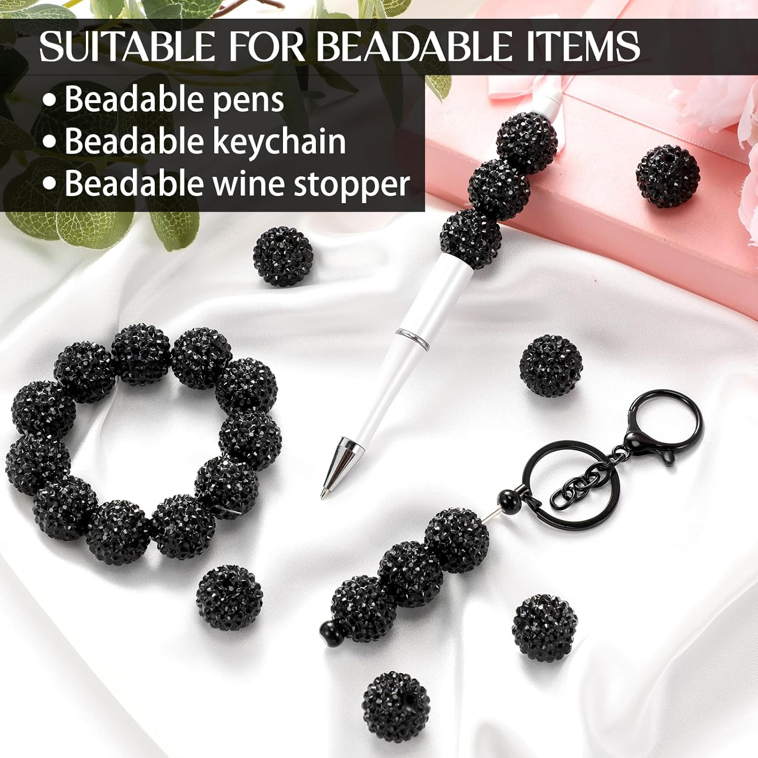 40 Pcs 20 mm Rhinestone Beads Bulk Crystal Round Disco Ball Chunky Bubblegum Beads for Pens Bracelets Charms Craft European Style Jewelry Making Supplies Christmas(Black) - Image 4