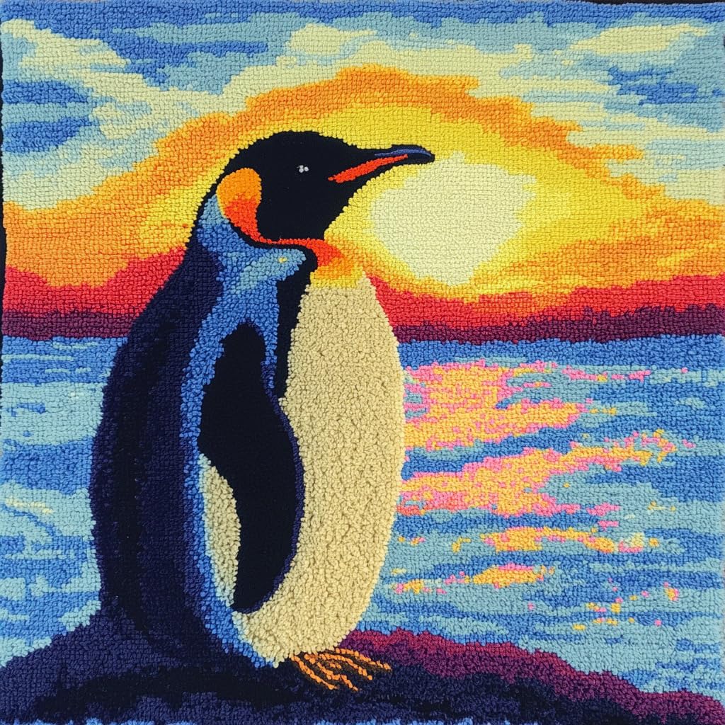 Taxpy Hook Latch Kits-C Diy Latch Hook Pillow Kits, Penguins On The Beach Pillow Cover With Preprinted Throw Pillowcase Crochet Yarns Embroidery Latch Hooking Cushion 17X17inch