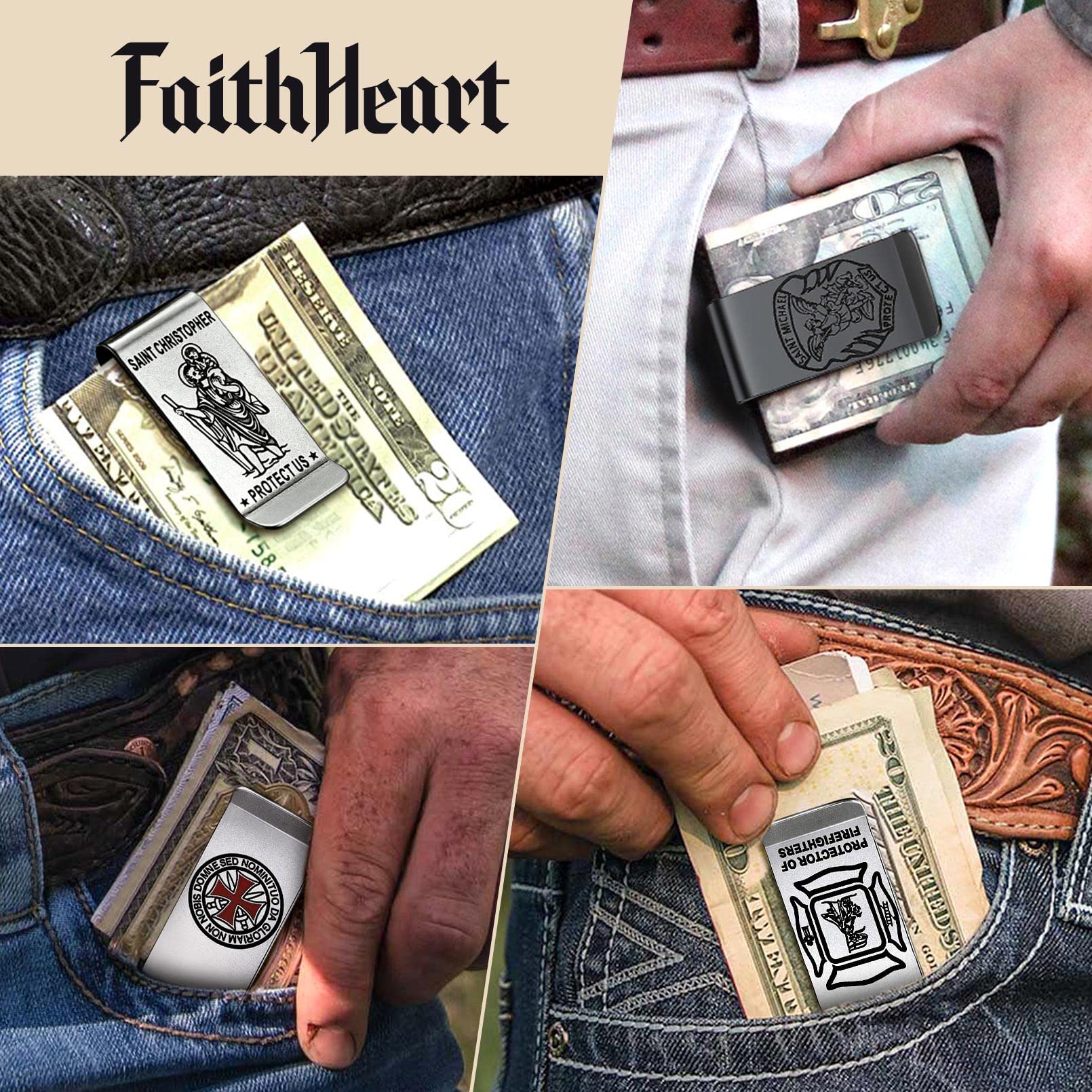 FaithHeart Pince à Billets Saint Christophe Homme Bijoux Religieux Money Clip en Acier Inoxydable