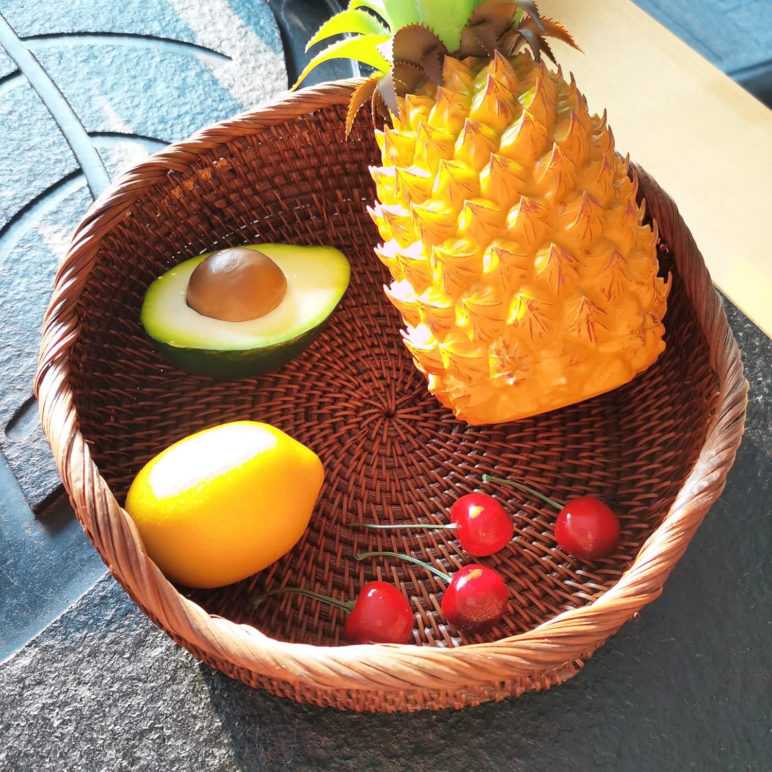 Handmade Rattan Round Fruit Basket Food Storage Bowls Kitchen Organizer Snack Serving Bowl 10 Inch Wavy Edge Circle Tray Basket with 3” Deep Wall, Dark Brown Décor Display Tray Bowl, M