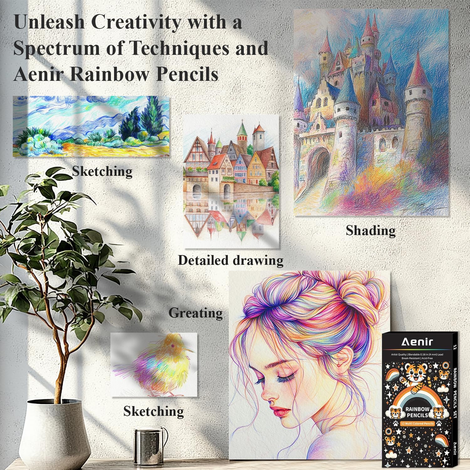 Aenir Easter Basket Stuffers, Art Supplies,12 Colors Rainbow Pencils, Multi Colored Pencils Set for Adult Coloring, Easter Basket Stuffers for Teens, Professional Art Supplies for Artists.