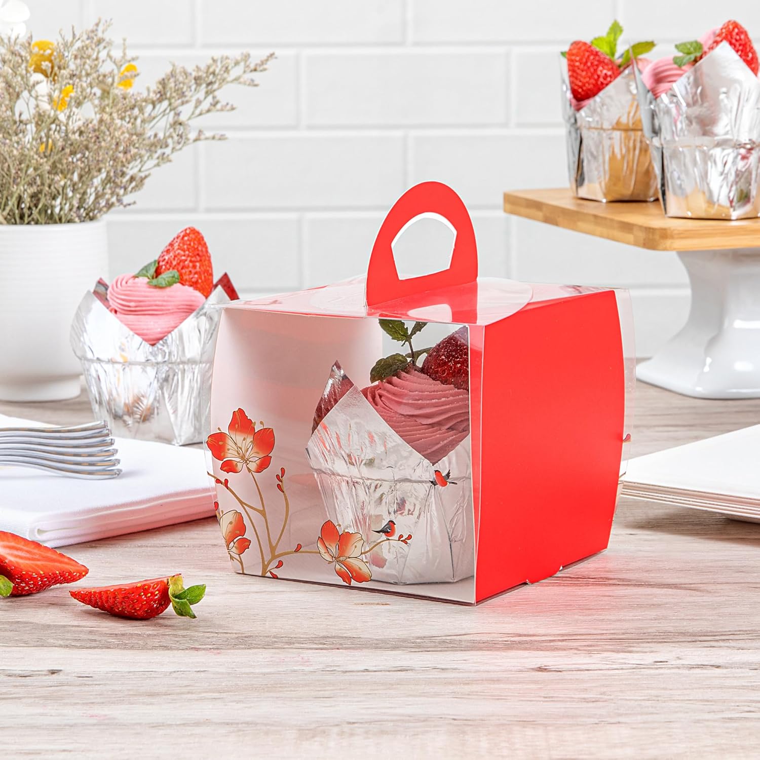 Restaurantware-4 Inch x 4.25 Inch Individual Cupcake Boxes, 100 Disposable Cupcake Display Boxes - With Handle, Bird Accent, Clear Plastic Single Cupcake Containers, For Weddings Or Birthdays