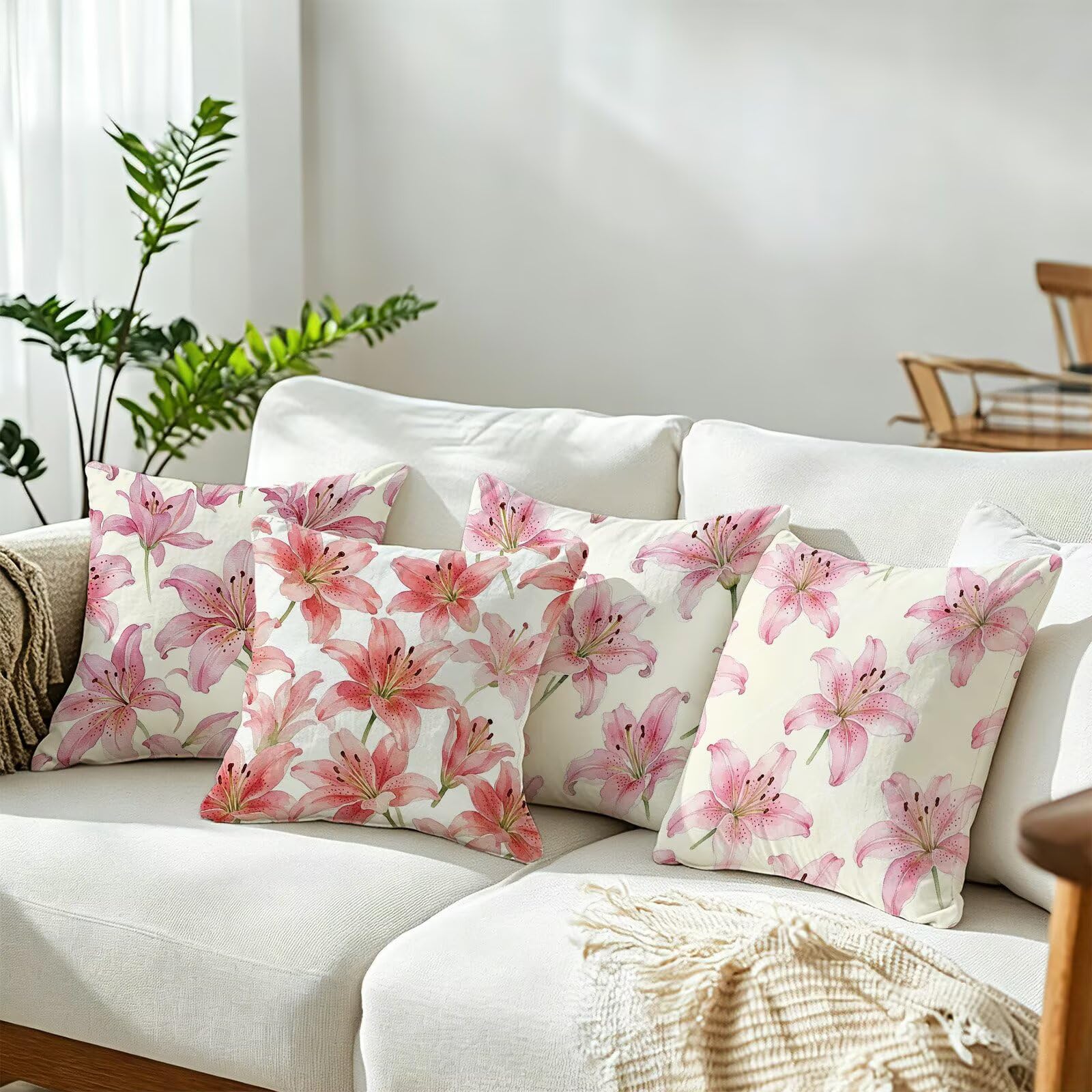 Rosa Federe Cuscini Divano 60x60cm, Cuscini da Esterno Set de 4, Cod-107 | Velour Copricuscini Decorativi Letto Arredo, per Letto, Soggiorno, Giardino, Esterno, Casa Decorazione Set di 4 Giglio