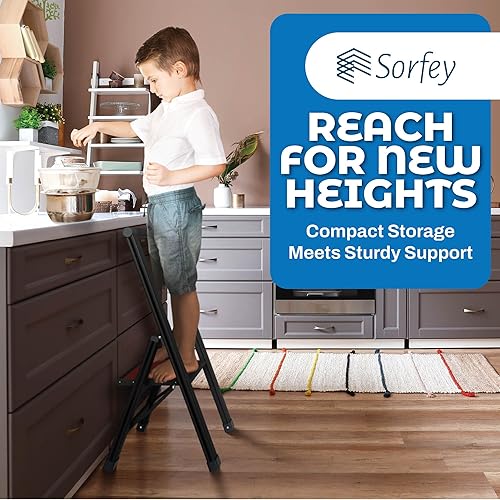 Miniatura 7 de Escalera plegable de 1 escalón, decorativa, hermosa caoba y aluminio negro, perfil ultra delgado, peldaños antideslizantes, resistente y portátil