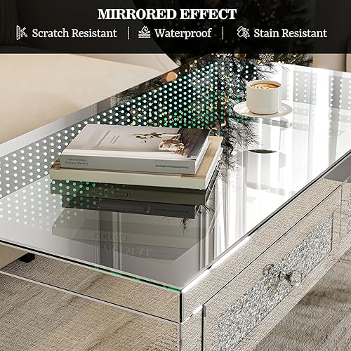 Miniatura 32 de IKIFLY Mesa de centro con espejo con 2 niveles, mesa de centro rectangular 2 en 1 con diamante triturado, mesa de sala de estar plateada con patas