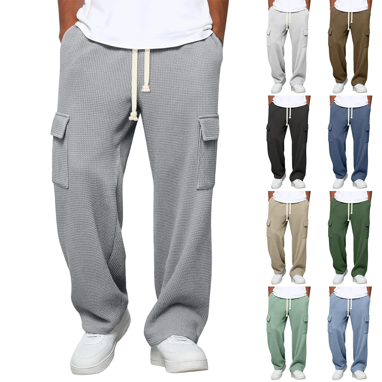Baggy Cargo Sweatpants for Men Waffle Wide Leg Open Bottom Cargo Sweatpants Comfy Loose Big and Tall Sweat