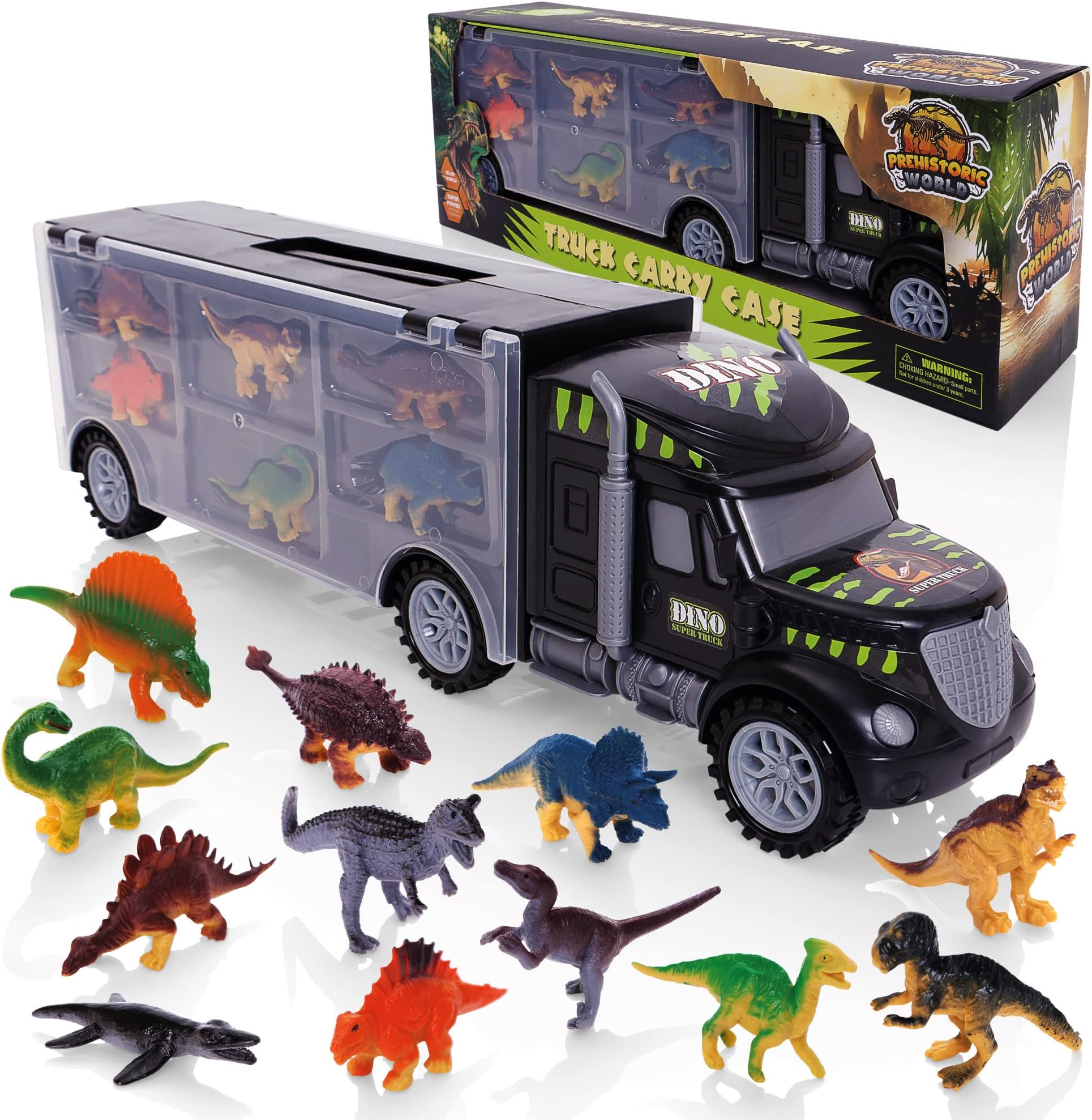 Dinosaur Truck - Car Transporter With 12 Dinosaurs - Dinosaur Toys For Boys - Toy Truck & Dinosaur Figures