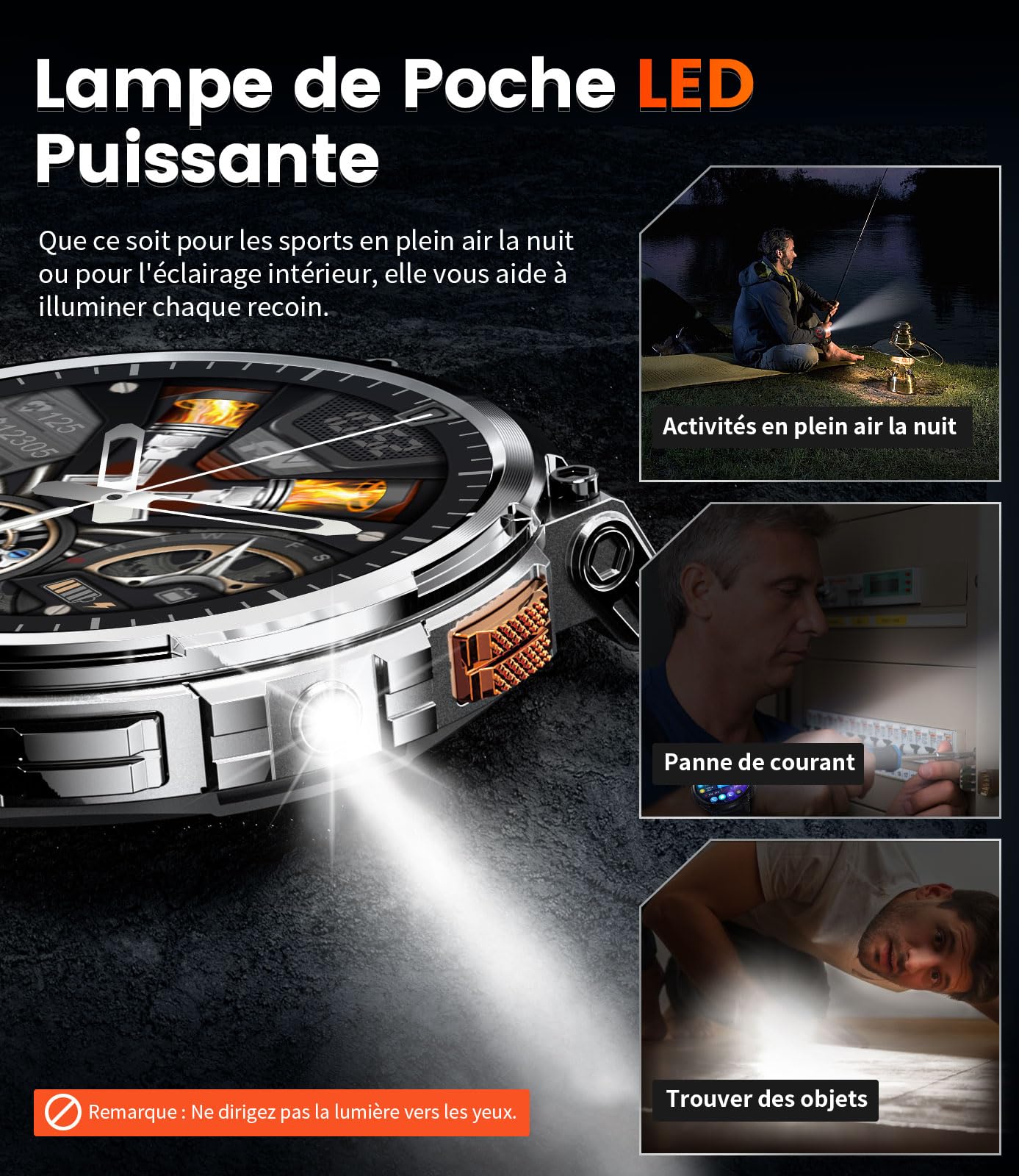 Montre Connectée Homme avec 1,85'' HD Grand Écran/LED Lampe/730mAh Batterie,Smartwatch avec 120+ Modes Sportifs,24/7 Moniteur de Fréquence Cardiaque et Sommeil,IP68 Étanche pour Android iOS,Argenté